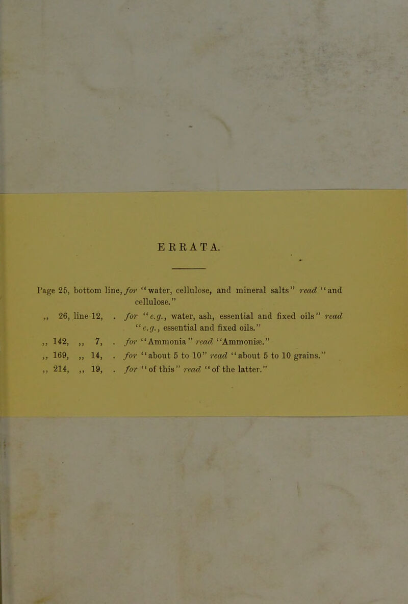 ERRATA. Page 25, bottom line, for “water, cellulose, and mineral salts” read “and „ 26, line 12, cellulose. ” . for “e.g., water, ash, essential and fixed oils” read “c.g., essential and fixed oils.” „ 142, „ 7, „ 169, „ 14, „ 214, „ 19, . far “Ammonia” read “Ammonia;.” . for “about 5 to 10” read “about 5 to 10 grains.” . for “ of this ” read “ of the latter.” >>