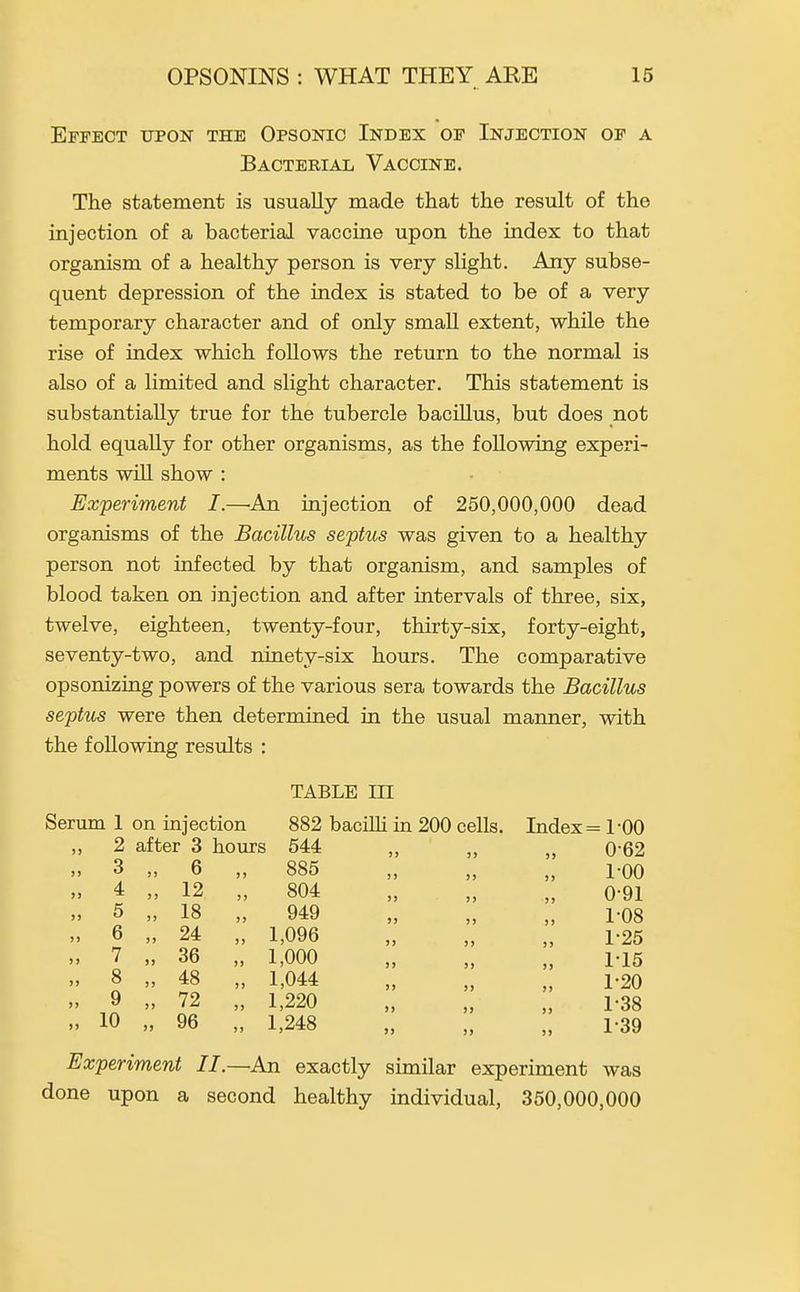 Effect upon the Opsonic Index op Injection of a Bacterial Vaccine. The statement is usually made that the result of the injection of a bacterial vaccine upon the index to that organism of a healthy person is very slight. Any subse- quent depression of the index is stated to be of a very temporary character and of only small extent, while the rise of index which follows the return to the normal is also of a limited and slight character. This statement is substantially true for the tubercle bacillus, but does not hold equally for other organisms, as the following experi- ments will show : Experiment I.—■An injection of 250,000,000 dead organisms of the Bacillus septus was given to a healthy person not infected by that organism, and samples of blood taken on injection and after intervals of three, six, twelve, eighteen, twenty-four, thirty-six, forty-eight, seventy-two, and ninety-six hours. The comparative opsonizing powers of the various sera towards the Bacillus septus were then determined in the usual manner, with the following results : Serum 1 on injection 2 after 3 hours 6 12 3 4 5 6 7 8 9 10 18 24 36 48 72 96 TABLE in 882 bacilli in 200 cells. 544 885 804 949 1,096 1,000 1,044 1,220 1,248 Index = 1-00 0- 62 1- 00 0- 91 1- 08 1-25 115 1-20 1-38 1-39 Experiment II.—An exactly similar experiment was done upon a second healthy individual, 350,000,000