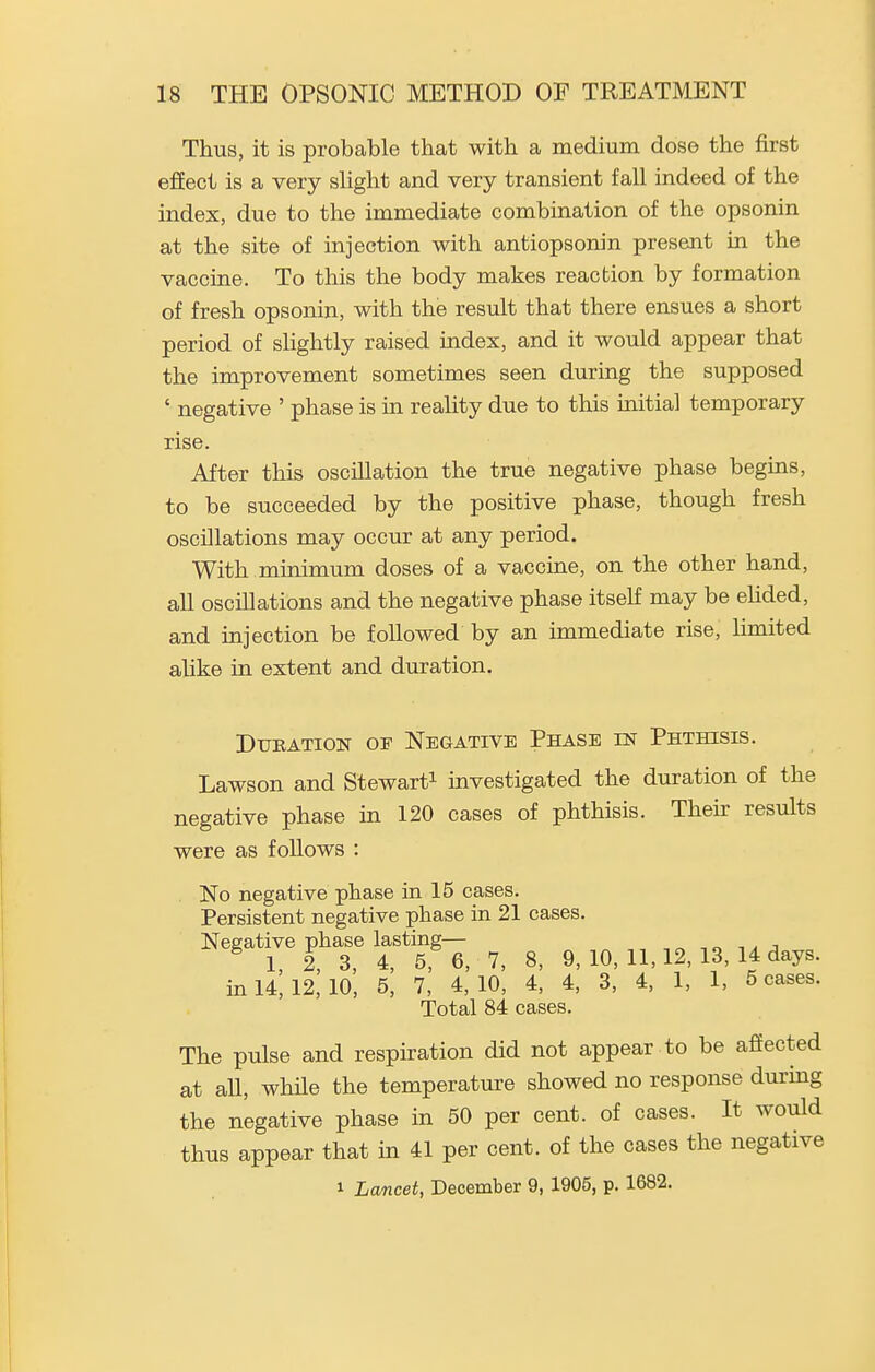 Thus, it is probable that with a medium dose the first effect is a very sUght and very transient fall indeed of the index, due to the immediate combination of the opsonin at the site of injection with antiopsonin present in the vaccine. To this the body makes reaction by formation of fresh opsonin, with the result that there ensues a short period of slightly raised index, and it would appear that the improvement sometimes seen during the supposed ' negative ' phase is in reality due to this initial temporary rise. After this oscillation the true negative phase begins, to be succeeded by the positive phase, though fresh oscillations may occur at any period. With minimum doses of a vaccine, on the other hand, all oscillations and the negative phase itself may be ehded, and injection be followed by an immediate rise, limited aUke in extent and duration. Duration of Negative Phase m Phthisis. Lawson and Stewart^ investigated the duration of the negative phase in 120 cases of phthisis. Then- results were as follows : No negative phase in 15 cases. Persistent negative phase in 21 cases. Negative phase lasting— 1, 2, 3, 4, 5, 6, 7, 8, 9, 10, 11,12, 13, 14 days, in 14, 12, 10, 5, 7, 4,10, 4, 4, 3, 4, 1, 1, 5 cases. Total 84 cases. The pulse and respiration did not appear to be affected at aU, while the temperature showed no response during the negative phase in 50 per cent, of cases. It would thus appear that in 41 per cent, of the cases the negative 1 Lcmcet, December 9, 1905, p. 1682.