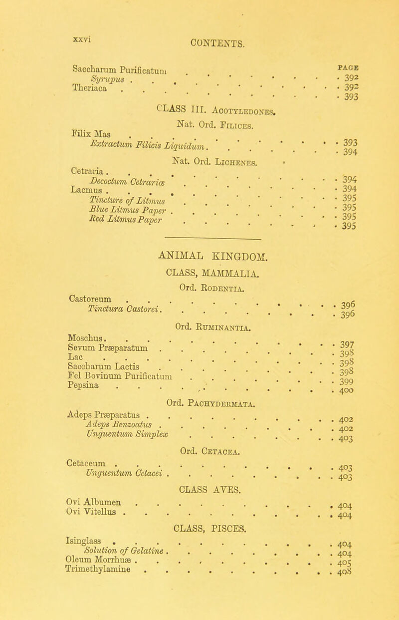 Saccharum Puiificatum . . Synipus . . 392 Tberiaca . 39= 393 CLASS III. ACOTYLEDOXES. Nat. Ord. Filices. FilixMas .... ^xtradum Filicis Liqiddiim. ' ' 394 Nat. Ord. Lichenes. Cetraria Becoctum Cetraria .  ^^^ Lacmus 394 Tincture of Litmxis £lw Litmus Paper . . .*..' ' ' ' f ^- Red Litmus Paper . .  ' ' ^ - ANIMAL KINGDOM. CLASS, MAM1LA.LIA. Ord. KODENTIA. Castoreum - Tinctura Oastorei. . . .'.'.*,*'' 296 Ord. EUMINANTIA. Moschus Seviiin Prseparatum ... Lac '.'.'.'.* 0^8 Saccliaram Lactis ' ' ' ' Fel Bovinum Purificatum . . ^^P^i'ia • • • • ,. •'.*.'.'.■; 400 Ord. Pachydeejiata. Adeps Prseparatus Adeps Benzoatus * . * ' I02 Unguentum Simplex . . . .*.'•'..' 403 Ord. Cetacea. Cetaceum Unguentum Cctacei *.*..* 403 CLASS AYES. Ovi Albumen 40^ Ovi Vitellus \ 404 CLASS, PISCES. Isinglass 404 Solution of Gelatine 404 Oleum MorrhuiB . . . , 405 Trimetliylamine ' , | ^qjj