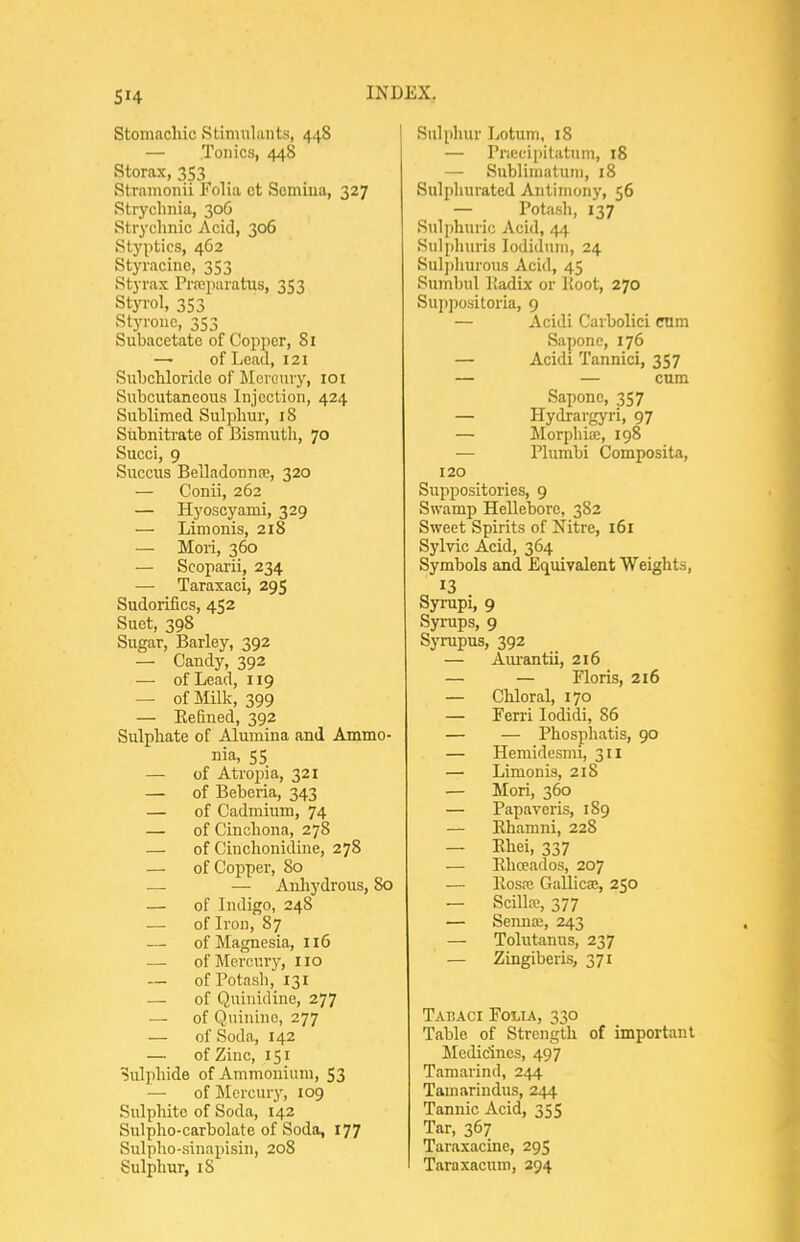 Stomachic Stimulants, 448 — Tonics, 448 Storax, 353 Stramonii Folia ct Somiua, 327 Strychnia, 306 Strychnic Acid, 306 Styptics, 4G2 Styracino, 353 Styrax Pra;iiaratus, 353 Styrol, 353 Styroue, 353 Subacetate of Copper, Si — of Lead, 121 Suhchloridc of Morouiy, loi Subcutaneous Injection, 424 Sublimed Sulphur, 18 Subniti-ate of Bismuth, 70 Succi, 9 Succus Belladonna?, 320 — Conii, 262 — Hyoscyami, 329 — Limonis, 218 — Mori, 360 — Scoparii, 234 — Taraxaci, 295 Sudorifics, 452 Suet, 398 Sugar, Barley, 392 — Candy, 392 — of Lead, 119 — of Milk, 399 — Eefined, 392 Sulphate of Alumina and Ammo- nia, 55 — of Atropia, 321 — of Beberia, 343 — of Cadmium, 74 — of Cinchona, 278 — of Cinchonidine, 278 — of Copper, 80 — — Anhydrous, 80 — of Indigo, 248 — of Iron, 87 — of Magnesia, 116 — of Mercury, no — of Potash, 131 of Qninidine, 277 — of Quinine, 277 — of Soda, 142 — of Zinc, 151 Sulphide of Ammonium, 53 — of Mercury, 109 Sulphite of Soda, 142 Sulpho-carbolate of Soda, 177 Sulpho-sinapisin, 208 Sulphur, 18 Sulphur Lotum, 18 — Priceipitatuni, 18 — Sublhnatnni, 18 Sulphurated Antimony, 56 — Potash, 137 Sulphuric Acid, 44 Sulphuris lodiduin, 24 Sulphurous Acid, 45 Sumbnl Kadix or Hoot, 270 Suppositoria, 9 — Acidi Carbolici cnm Sapone, 176 — Acidi Tannici, 357 — — cum Sapone, 357 — Hydrargyri, 97 — Morphia;, 198 — Plumbi Composita, 120 Suppositories, 9 Swamp Hellebore, 382 Sweet Spirits of Nitre, 161 Sj'lvic Acid, 364 Symbols and Equivalent Weights, 13 Syrapi, 9 Syrups, 9 Syrupus, 392 — Am-antii, 216 — — Floris, 216 — Chloral, 170 — Ferri lodidi, 86 — — Phosphatis, 90 — Hemidesmi, 311 — Limonis, 218 — Mori, 360 — Papaveris, 189 — Ehamni, 228 — Ehei, 337 — Rhceados, 207 — Rosnj Gallicse, 250 — Scill», 377 — Semiaj, 243 — Tolutanus, 237 — Zingiberis, 371 Tabaci Folia, 330 Table of Strength of important Medicines, 497 Tamarind, 244 Tamarindus, 244 Tannic Acid, 355 Tar, 367 Taraxacine, 295 Taraxacum, 294