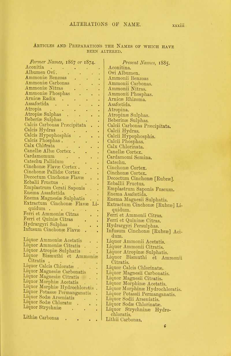 Articles and Preparatiojsts the Names op which have been altered. Former Names, 1867 or 1874. Aconitia .... Albumen Ovi.... Ammonise Benzoas Animonise Carbonas Ammonise Nitras Ammoniae Phosphas . . , Arnicse Eadix . . . , AssafcBtida , . . . . , Atropia . • . . , AtropifB Sulphas . . . , Beberise Sulphas Calcis Carbouas Pracipitata . . Calcis Hydras . . . . Calcis Hypophosphis . . , Calcis Phosphas. . . . Calx ChlcJrata . . , . Canellse Albae Cortex . Cardamomum . . . . Catechu Pallidum Cinchonas Flavae Cortex . . , Cinchonse Pallidas Cortex . Decoctum Cinchonas Flavse . . Ecbalii Fructus . . , . Emplastrum Cerati Saponis . . Enema Assafoetida Enema Magnesias Sulphatis . . Extractum Cinchonas Flavss Li- quidum Ferri et Ammonias Citras . . Ferri et Quiniae Citras Hydrargyri Sulphas . . . Infusum Cinchonas Flavas . Liquor Ammonias Acetatis , . Liquor Ammonise Citratis . Liquor Atropiae Sulphatis . . Liquor Bismuthi et Ammoniaj Citratis Liquor Calcis Chloratae . . '. Liquor Magnesias Carbonatis Liquor Magnesias Citratis . . Liquor Morphias Acetatis . Liquor Morphia? Hydrochloi'iiti.s . Liquor Potassae Permanganatis . Liquor Sodffi Arseniatis Liquor Sodas Chloratte . . '. Liquor Strychnias Lithiee Carbonas . , Present Names, 1885. Aconitina. Ovi Albumen. Ammonii Benzoas Ammonii Carbonas. Ammonii Nitras. Ammonii Phosphas. Arnicas Ehizoma. AsafcEtida. Atropina. Atropinas Sulphas. Beberinae Sulphas. Calcii Carbonas Prsecipitata. Calcii Hydras. Calcii Hypophosphis. Calcii Phosphas. Calx Chlorinata. Canellae Cortex. Cardamomi Semina. Catechu. Cinchonas Cortex. Cinchonas Cortex. Decoctum Cinchonas [Rubrae]. Ecballii Fructus. Emplastrum Saponis Fuscum. Enema Asafostida. Enema Magnesii Sulphatis. Extractum Ctuchouae [Rubr^] Li- quidum. Ferri et Ammonii Citras. Ferri et Quininae Citras. Hydrargyri Persulphas. Infusum Cinchonae [Rubrae] Aci- dum. Liquor Ammonii Acetatis. Liquor Ammonii Citratis. Liquor Atropinas Sulphatis. Liquor Bismuthi et Ammonii Citratis. Liquor Calcis Chlorinatas. Liquor Magnesii Carbonatis. Liquor Magnesii Citratis. Liquor Morphinas Acetatis. Liquor Morphinas Hydrochloratis. Liquor Potassii Permanganatis. Liquor Sodii Arseniatis. Liquor Sodas Chlorinatas. Liquor Strychninae Hydro- chloratis. Lithii Carbonas.