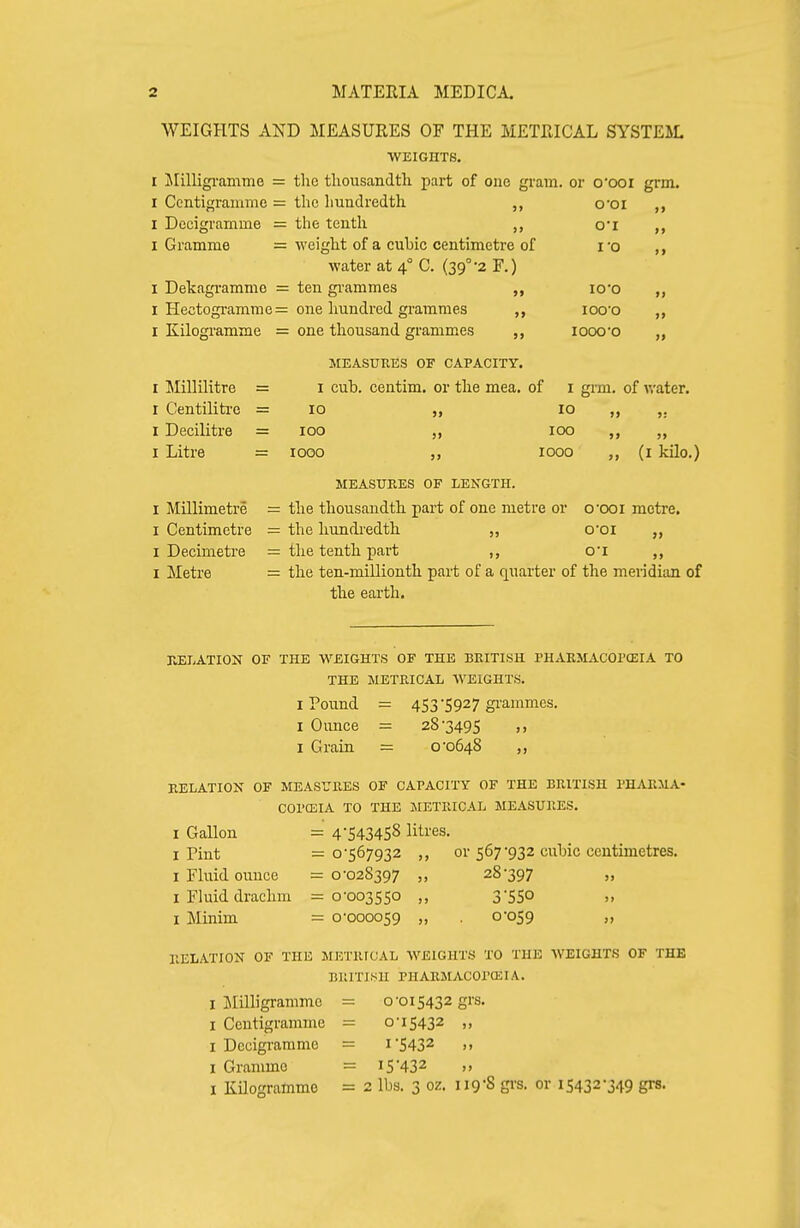 WEIGHTS AND MEASURES OF THE METRICAL SYSTEM. WEIGHTS. I Milligi'amtne = the thousandth part of one gi-ain. or o'ooi grm. I Centigramme = the hundredth I Decigramme = the tenth I Gramme = weight of a cubic centimetre of water at 4° C. (39°-2 F.) I Dekagramme : I Hectogramme: I Kilogramme = one thousand grammes ten gi-ammes one hundred grammes 9> 00I o*i I'O I00 lOO'O lOOO'O I Millilitre = r Centiliti-e = I Decilitre = I Litre = I Millimetre = I Centimetre = I Decimetre = I Metre = MEASURES OF CAPACITY. I cub. centim. or the mea. of 10 „ 10 100 „ 100 1000 1000 I grm. of water. »> (I kilo.) MEASURES OF LENGTH. the thousandth part of one metre or o'OOi metre, the hundiedth ,, ooi the tenth part ,, o'l the ten-millionth part of a quarter of the meridian of the earth. DELATION OF THE WEIGHTS OF THE BRITISH PHAEMACOPCEIA TO THE METRICAL WEIGHTS. I Pound = 453-5927 gi'ammes. I Ounce = 28-3495 ,, I Grain = 0-0648 RELATION OF MEASURES OF CAPACITY OF THE BRITISH PHARMA- COPCEIA TO THE METRICAL MEASURES. I Gallon = 4 543458 litres. I Pint =0-567932 or 567-932 cubic centimetres. I Fluid ounce =0-028397 ,, 28-397 „ I Fluid drachm =0-003550 ,, 3'5SO >. I Minim = 0-000059 „ 0*059 „ RELATION OF THE METRICAL WEIGHTS TO THE WEIGHTS OF THE BRITISH PHARMACOPCEIA. I Milligramme = 0-015432 grs. I Centigramme = 0-15432 ,, I Decigi-ammo = i5432 .1 I Gramme = 15 432 )> I Kilogramme = 2 lbs. 3 oz. 119-8 gi's. or 15432-349 grs.
