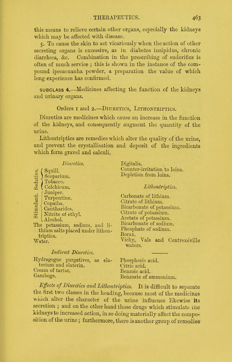 this means to relieve certain other organs, especially the kidneys which may be affected Avith disease. 5. To cause the skin to act vicariously when the action of other secreting organs is excessive, as in diabetes insipidus, chronic diai'rhcea, &,c. Combination in the prescribing of sudorifics is often of much service ; this is shown in the instance of the com- pound ipecacuanha powder, a preparation the value of which long experience has confirmed. SUBCLASS 4.—Medicines affecting the function of the kidneys and urinary organs. Orders i and 2.—Diuretics, Lithontriptics. Dim-etics are medicines which cause an increase in the function of the kidneys, and consequently augment the quantity of the urine. Lithontriptics are remedies which alter the quality of the urine, and prevent the crystallisation and deposit of the ingredients which form gravel and calculi. Diuretics. Digitalis. Counter-irritation to loins. Depletion from loins. Lithontriptics. Carbonate of lithium. Citrate of lithium. Bicarbonate of potassium. Citrate of potassium, ^iwuui. Acetate of potassium. The^oTassiiim, sodium, and li- Bicarbonate of sodium, thium salts placed under lithon- i P^'^*^ sodmm. triptics. Borax. Water. vichy, Vals and Contrexeville waters. Indirect Diuretics. Hydragogue purgatives, as ela- Phosphoric acid. teiium and elaterin. Citric acid. Cream of tartar. Benzoic acid. Gamboge. Benzoate of ammonium. Effects of Diuretics and Lithontriptics. It is difficult to separate the first two classes in the heading, because most of the medicines wiiich alter the character of the urine influence likewise its secretion ; and on the other hand those drugs which stimulate the kidneys to increased action, in so doing materially affect the compo- sition of the urine; furthermore, there is another group of remedies to 1 ' Squill. 1 Scoparium. cj ^ 1 Tobacco. <u Colchicum. -|j ' Juniper. PI Turpentine. cS 1 Copaiba. Cantharides. m Niti'ite of ethyl. V Alcohol.