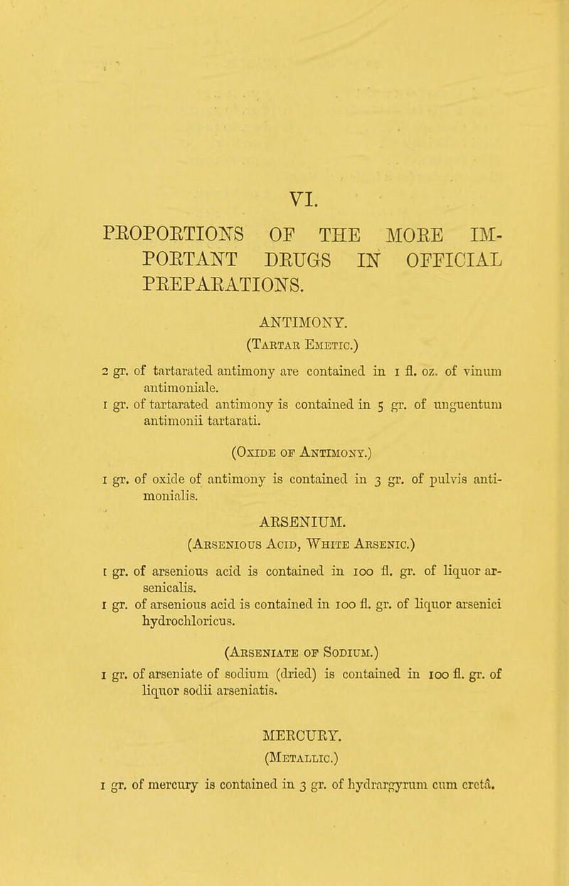 VI. PEOPOETIOlSrS OF THE MOEE IM- POETAI^T DEUGS IN OEEICIAL PEEPAEATIONS. ANTIMONY. (Tartar Emetic.) 2 gr. of tartarated antimony are contained in i fl. oz. of viniim antimoniale. I gr. of tartarated antimony is contained in 5 gr. of unguentum antimonii tartarati. (Oxide of Antimony.) I gr. of oxide of antimony is contained in 3 gr. of pulvis anti- monialis. ARSENIUM. (Arsenious Acid, White Arsenic.) t gr. of arsenious acid is contained in 100 11. gr. of liq^uor ar- senicalis. I gr. of arsenious acid is contained in 100 fl. gr. of liquor arsenici hydrochloricus. (Arseniate of Sodium.) I gr. of arseniate of sodium (dried) is contained in 100 fl. gr. of liquor sodii arseniatis. MEECUEY. (Metallic.)