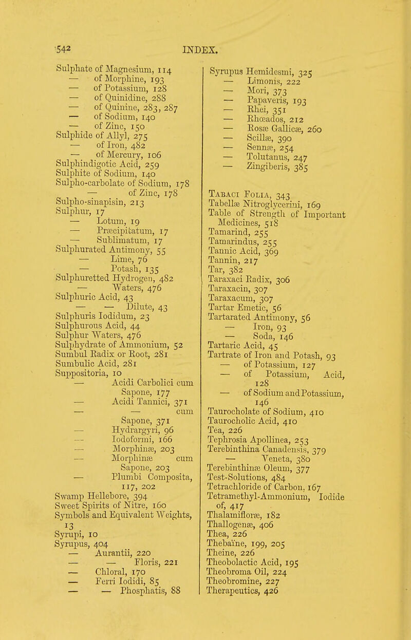 Sulphate of Magnesium, 114 — ofMorpliine, 193 — of Potassium, 128 — of Quinidine, 2S8 — of Quinine, 283, 287 — of Sodium, 140 — of Zinc, 150 Sulphide of Allyl, 275 — of Irou, 482 — of Mercury, 106 Sulphindigotic Acid, 259 Sulphite of Sodium, 140 Sulpho-carbolate of Sodium, 178 — of Zinc, 178 Sulpho-sinapisin, 213 Sulphur, 17 — Lotum, 19 — Prsecipitatum, 17 — Suhlimatum, 17 Sulphurated Antimony, 55 — Lime, 76 — Potash, 135 Sulphuretted Hydrogen, 482 — Waters, 476 Sulphuric Acid, 43 — — Dilute, 43 Sulphuris lodidum, 23 Sulphurous Acid, 44 Sulphur Waters, 476 Suli)hydrate of Ammonium, 52 Sumbul Radix or Root, 281 Sumbulic Acid, 281 Suppositoria, 10 — Acidi Carbolici cum Sapoue, 177 — Acidi Tannici, 371 — — cum Sapone, 371 — Hydrargyri, 96 — Iodoform), 166 — Morphiuaj, 203 — Morphinte cum Sapone, 203 — Plumbi Composita, 117, 202 Swamp Hellebore, 394 Sweet Spirits of Nitre, 160 Symbols and Equivalent Weights, Syrupi, 10 Syrupus, 404 — Aurantii, 220 — — Floris, 221 — Chloral, 170 — Ferri lodidi, 85 — — Phosphatis, 88 Syrupus Hemidcsmi, 325 — Limonis, 222 — Mori, 373 — Papaveris, 193 — Rtei, 351 — Rhosados, 212 — Rosffi Gallicae, 260 — Scillee, 390 — Sennje, 254 — Tolutanus, 247 — Zingiberis, 385 Tabaci Polia, 343 Tabella3 Nitrogtyceriui, 169 Table of Strength of Important Medicines, 518 Tamarind, 255 Tamarindus, 255 Tannic Acid, 369 Tannin, 217 Tar, 382 Taraxaci Radix, 306 Taraxacin, 307 Taraxacum, 307 Tartar Emetic, 56 Tartarated Antimony, 56 — Iron, 93 — Soda, 146 Tartaric Acid, 45 Tartrate of Iron and Potash, 93 — of Potassium, 127 — of Potassium, Acid, 128 — of Sodium and Potassium, 146 Taurocholate of Sodium, 410 Taurocholic Acid, 410 Tea, 226 Tephrosia Apollinea, 253 Terebinthina Canadensis, 379 — Veueta, 380 Terebinthinse Oleum, 377 Test-Solutions, 484 Tetrachloride of Carbon, 167 Teti-amethyl-Ammonium, Iodide of, 417 Thalamiflora;, 182 ThallogeuEe, 406 Thea, 226 Thebai'ne, 199, 205 Tlieine, 226 Theobolactic Acid, 195 Theobroma Oil, 224 Theobromine, 227 Therapeutics, 426