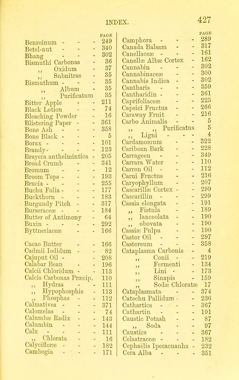 PAGE Benzoinum - - - 249 Betel-nut 340 Bhang 302 Bismuthi Carbonas 36 Oxidum 37 ,, Subnitras 35 Bismutlium - 35 „ Album 35 Pui-ificatum 35 Bitter Apple 211 Black Lotion 74 Bleaching Powder 16 Blistering Paper - 361 Bone Ash 358 Bone Black - 5 Borax . - - - 101 Brandy- 123 Brayera antheliuintica - 205 Bread Crumb 341 Bromum 12 Broom Tops - 193 Brucia - - - - 255 Buchu Folia - 177 Buckthorn - 183 PiiirOTiTiflv Pifpb 317 Burseracefe - - - 184 Butter of Antimony 64 Buxin - - - - 292 ByttneriaccEe 166 Cacao Butter 166 Cadmii lodidum - 82 Cajuput Oil - 208 Calabar Bean 196 Calcii Chloridum - 113 Calcis Carbonas Prsecip. 110 ,, Hydras 111 Hypophosphis 113 ,, Phosphas 112 Calmatives - 371 Calomelas 74 Calumbse Kadix - 143 Calumbin ... 144 Calx .... 111 ,, Chlorata 16 Calyciflorre - 182 Cambogia - ■ - 171 PAGE Camphora - - - 289 Canada Balsam - - 317 Canellacese - - - 1^1 Canellse Albte Cortex - 162 Cannabin - - - 302 Cannabinacete - - 300 Cannabis Indica - - 302 Cantharis - - - 359 Cantharidin - - - 361 Caprifoliaceee - - 225 Capsici Fructus - - 266 Caraway Fruit - - 216 Carbo Animalis - - 5 ,, ,, Purificatus 5 ,, Ligni - - ■ „^ Cardamomum - - 322 CaribeanBark - - 228 Carrageen - - - 349 Carrara Water - - 110 CarronOil - - - 112 Carui Fructus - - 216 Caryophyllum - - 207 CascariUce Cortex - - 299 Cascarillin - - - 299 Cassia elongata - - 191 „ Fistula - - 189 lanceolata - - 190 ,, obovata - - 190 CassiEB Pulpa - - 190 Castor Oil - - - 297 Castoreum - - - 358 Cataplasma Carbonis - 4 „ Conii - - 219 Fei-menti - 134 ,, Lini - - 173 Sinapis - 159 ,, Sodae Chloratas 17 Cataplasmata - - 374 Catechu Pallidum - - 236 Cathartics - - - 367 Cathartin - - - 191 Caustic Potash - - 87 „ Soda - - 97 Caustics - - - 367 Celastracese - - - 182 Cephaijlis Ipecacuanha - 232 Cera Alba - - - 351