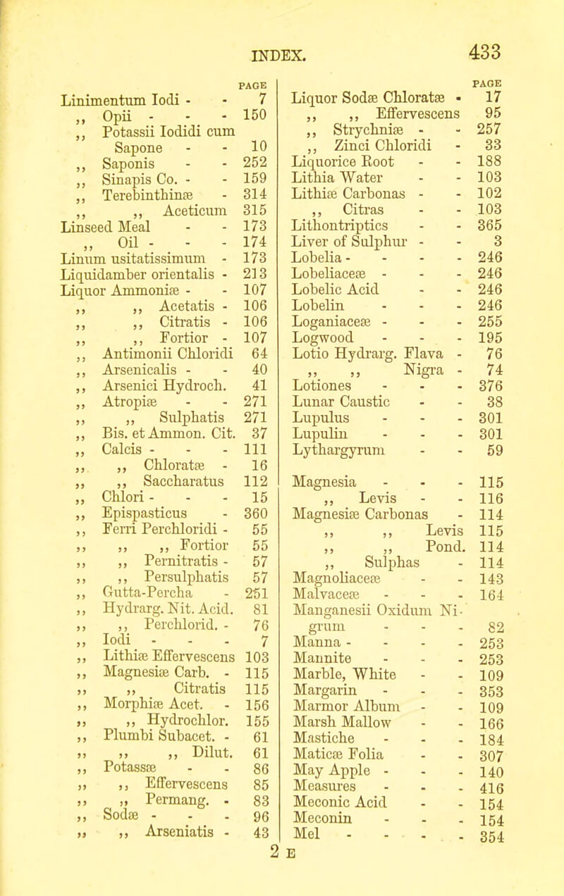 PAGE Linimentuin lodi - • 7 „ Opii - - - 150 Potassii lodidi cum Sapone - - 10 Saponis - - 252 Sinapis Co. - - 159 ,, TerebintMnte - 314 ,, Aceticum 315 Linseed Meal - - 173 „ Oil - _ - - 174 Liniim usitatissimiim - 173 Liquidamber orientalis - 213 Liquor Ammoniee - - 107 ,, Acetatis - 106 ,, Citratis - 106 ,, ,, Fortior - 107 Antimonii Chloridi 64 ,, Arsenicalis - - 40 ,, Arsenici Hydroch. 41 ,, Atropiffi - - 271 „ „ Sulphatis 271 „ Bis. et Ammon. Cit. 37 „ Calcis - - - 111 Chlorate - 16 Saccharatus 112 „ Chlori- - - 15 Epispasticus - 360 ,, Ferri PercMoridi - 55 ,, ,, ,, Fortior 55 ,, Pernitratis - 57 ,, ,, Persulphatis 57 ,, Gutta-Percha - 251 „ Hydrarg. Nit. Acid. 81 ,, PercMorid. - 76 ,, lodi ... 7 Lithiffi EfFervescens 103 Magnesias Carb. - 115 )) „ Citratis 115 ,, Morphife Acet. - 156 ,, Hydrochlor. 155 ,, Plumbi Subacet. - 61 „ „ ,, Dilut. 61 ,, Potassfe - - 86 ,, ,, EfFeryescens 85 ,, „ Permang. - 83 ,, Sodse ... 96 ,, Arseniatis - 43 2 FADE Liquor Sodffi Chloratae - 17 ,, Effervescens 95 Strychnise - - 257 Zinci Chloridi - 33 Liquorice Root - - 188 Lithia Water - - 103 Lithise Carbonas - - 102 ,, Citi'as - - 103 Lithontriptics - - 365 Liver of Sulphur - - 3 Lobelia- - - - 246 Lobeliacete ... 246 LobelicAcid - - 246 Lobelin - - - 246 Loganiacefe - - . 255 Logwood - - - 195 Lotio Hydi'arg. Flava - 76 Nigra - 74 Lotiones - . - 376 Lunar Caustic - - 38 Lupulus - - - 301 LupuHn - - - 301 LythargjTum - - 59 Magnesia - - - 115 ,, Levis - - 116 Magnesias Carbonas - 114 ,, ,, Levis 115 Pond. 114 Sulphas - 114 MagnoHacere - - 143 Malvaceffi - - - 164 Manganesii Oxidum Ni- grum - - - 82 Manna .... 253 Mannite - - - 253 Marble, White - - 109 Margarin - - - 353 Marmor Album - - 109 Marsh MaUow - - 166 Mastiche - - - 184 Maticas Folia - . 307 May Apple - - - 140 Measures - - - 416 Meconic Acid - - 154 Meconin - - - 154 Mel - - ... B