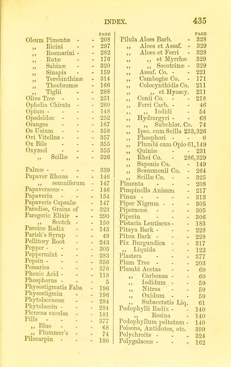 Oleum Pimentee - PAGE - 208 „ Eicini - 297 Eosmarini - - 282 ,, Eutfe - 176 Sabinae - 320 ,, Sinapis - 159 Terebintliinse - 314 Theobromse - 166 „ Tiglii - 298 OUve Tree - - 251 Oj)helia Chirata - - 260 Opium - - - - 148 Opodeldoc - - 252 Oranges - 167 \JO C O L LUll Ovi ViteUus - - 357 Ox BUe - 355 Oxymel - 355 ,, Scillas - 326 Palmffi - - . - 339 Papaver Ebceas - 146 „ somniferum - 147 Papaveracete - - 146 Papaverin - 154 Papaveris Capsulse - 147 Paradise, Grains of • 323 Paregoric Elixir - ■ 290 Scotch - - 150 Pareii-ee Eadis ■ 145 Parish's Syrap ■ 49 PeUitory Root ■ 243 Pepper - ■ 305 Peppermint - ■ 283 Pepsin - ■ 356 Pessaries ■ 376 Phenic Acid - • 118 Phosphorus - 5 Physostigmatis Faba ■ 196 Physostigmin ■ 196 Phytolaccacete 284 Phytolaccin - 284 Picrfena excelsa 181 Pills - - . . 377 Blue 68 Plummer's - 74 Pilocarpin - 180 PAGE Pilula Aloes Barb. - 328 ,, Aloes et Assaf. - 329 ,, Aloes et Perri - 328 „ et'MyiThaj 329 ,, Socotrinffi - 329 „ Assaf. Co. - - 221 ,, CambogifB Co. - 171 ,, Colocynthidis Co. 211 ,, et Hyoscy. 211 „ ConiiCo. - - 218 PerriCarb. - - 46 ,, lodidi - 54 ,, Hydrargyri - - 68 „ Subchlor. Co. 74 ,, Ipec. cum Scilla 233,326 ,, Phosphori - - 6 ,, Plumbi cum Opio 61,149 QuinifB - - 231 EheiCo. - 286,329 Saponis Co. - 149 ,, Scammonii Co. - 264 ,, Scillas Co. - - 325 Pimenta - - - 208 Pimpinella Anisum - 217 Pinus - . - - 313 Piper Nigram - - - 305 Piperacete - - - 305 Piperin - - - 306 Pistacia Lentiscus - - 183 Pitaya Bark - - - 228 Piton Bark - - - 228 Fix Burgundica - - 317 ,, Lic^uida - - 122 Plasters - - - 377 Plum Tree - - - 203 Plumbi Acetas - - 60 ,, Carbonas - - 60 lodidum - - 59 ,, Nitras - - 59 ,, Oxidum - - 59 ,, Subacetatis Liq. 61 PodophyUi Radix - - 140 ,, Resina - 140 Podophyllum peltatum - 140 Poisons, Antidotes, etc. 399 Polychroite - - . 324 Polygalaceaj - - . 162