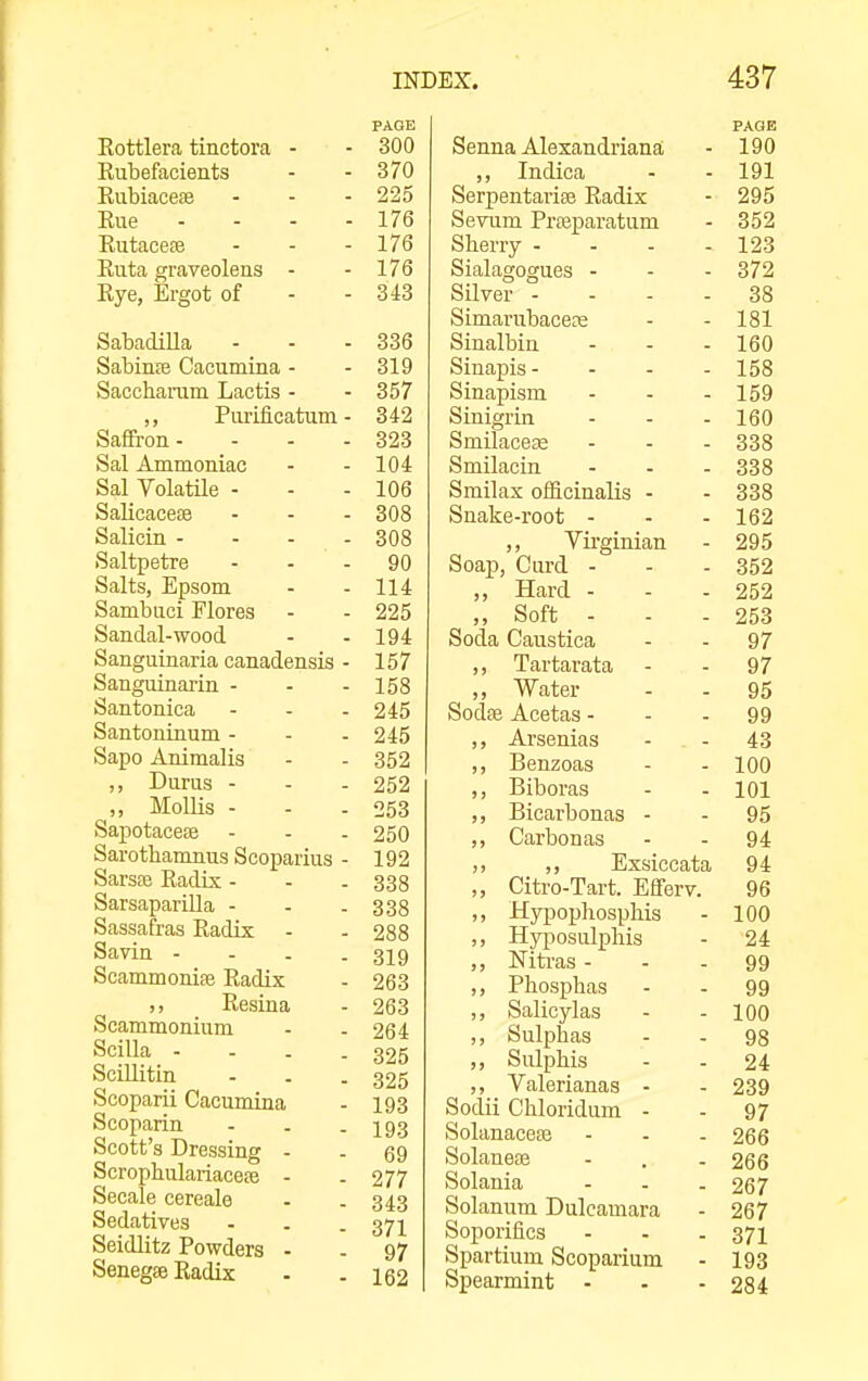 PAGE Eottlera tinctora - - 300 Eubefacients - - 370 Eubiaceae - - - 225 Eue - - - - 176 Eutacefe - - - 176 Euta graveolens - - 176 Eye, Ergot of - - 343 Sabadilla - - - 336 SabiniB Cacumina - - 319 Sacchanim Lactis - - 357 ,, Purificatum - 342 Saffi-on- - - - 323 Sal Ammoniac - - 104 Sal Volatile - - - 106 Salicacete - - - 308 Salicin .... 308 Saltpetre - - - 90 Salts, Epsom - - 114 Sambuci Flores - - 225 Sandal-wood - - 194 Sanguinaria canadensis - 157 Sanguinarin - - - 158 Santonica - - - 245 Santoninum - - - 245 Sapo Animalis - - 352 ,, Durus - - - 252 ,, Mollis - - - 253 Sapotaceee - - - 250 Sarothamnus Scoparius - 192 Sarsfe Eadix - - . 338 Sarsaparilla - - . 333 Sassafras Eadix - - 288 Savin - - . . 329 Scammonise Eadix - 263 Eesina - 263 Scammonium - . 264 Scilla - - . .325 SciUitm - . . 325 Scoparii Cacumina - 193 Scoparin - . - 193 Scott's Dressing - - 69 Scropbulariaceee - - 277 Secale cereale - . 343 Sedatives ... 372 Seidlitz Powders - - 97 SenegEe Eadix . . I62 PAQB Senna Alexandriana - 190 ,, Indica . - 191 Serpentarise Eadix - 295 Sevum Prajparatum - 352 Sherry - - - - 123 Sialagogues - - - 372 Silver ... - 38 SimarubaceK - - 181 Sinalbin - - - 160 Sinapis- - - - 158 Sinapism - - - 159 Sinigrin - - - 160 Smilacese - - - 338 Smilacin - - - 338 Smilax officinalis - - 338 Snake-root - - - 162 ,, Vii-ginian - 295 Soap, Card - - - 352 „ Hard - - - 252 ,, Soft - - - 253 Soda Caustica - - 97 ,, Tartarata - - 97 ,, Water - - 95 Soclse Acetas - - - 99 ,, Arsenias - - 43 ,, Benzoas - - 100 Biboras - - 101 ,, Bicarbonas - - 95 ,, Carbonas - - 94 ,, ,, Exsiccata 94 ,, Citro-Tart. Efferv. 96 ,, Hyjjophosphis - 100 ,, Hyjjosulpliis - 24 ,, Nitras - - . 99 ,, Phosphas - - 99 ,, Salicylas - - 100 ,, Sulphas - - 98 ,, Sulphis - - 24 ,, Valerianas - - 239 Sodii Chloridum - - 97 SolanaceDB - - - 266 Solanete - . . 266 Solania - . . 267 Solanum Dulcamara - 267 Soporifics - - . 371 Spartium Scoparium - 193 Spearmint - - - 284