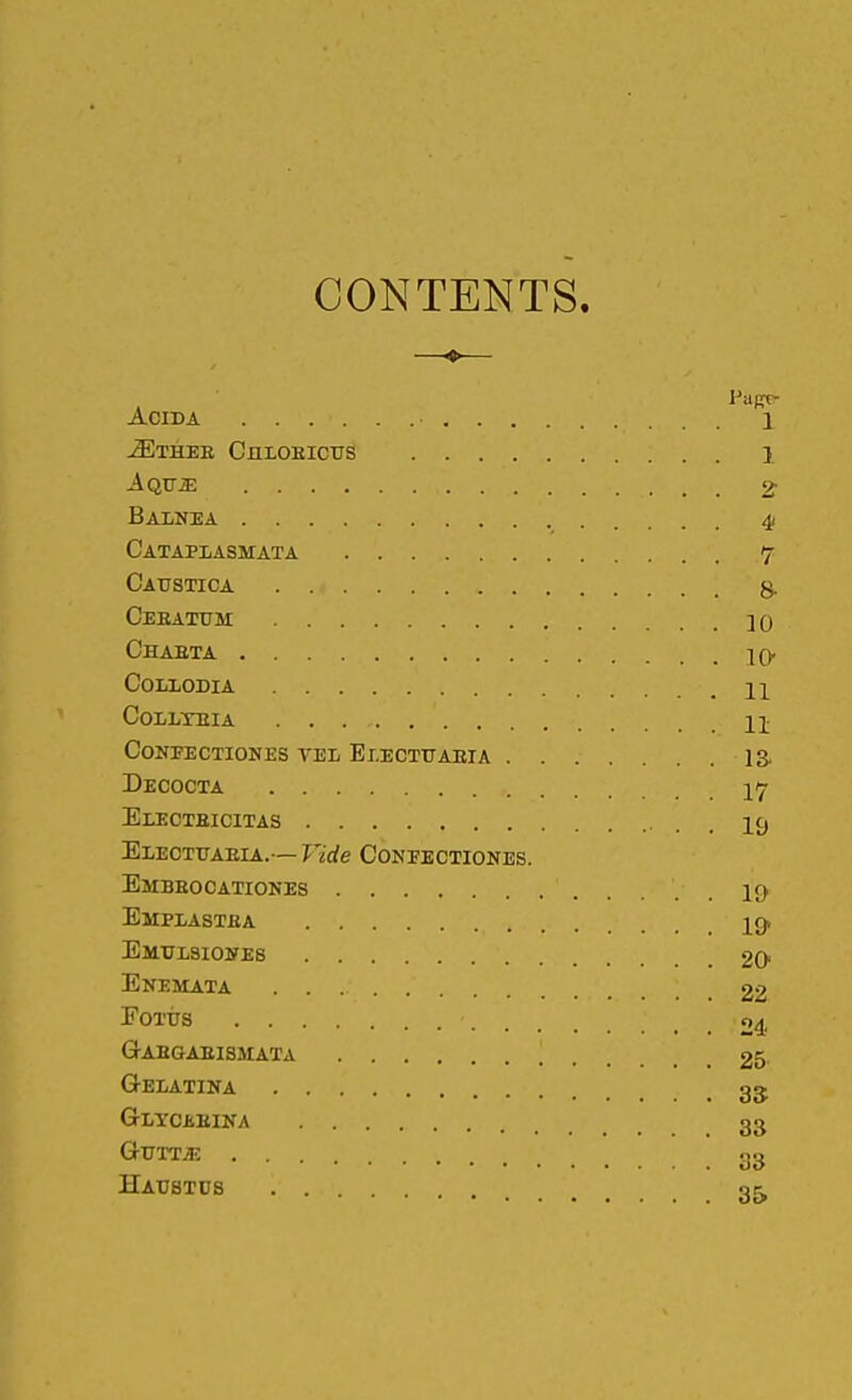 CONTENTS. ACIDA 1 iElHEE CHLOEICTJS 1 Aqxjje 2 Balnea 4, CatapiiAsmata 7 Catjstica Ceeatttm 10 Chabta 10 colxodia ii CoLLmiA II CONFECTIONES TEL ElECTUAEIA la Decocta 17 Electeicitas . 19 Eleottjaeia.— Vide Confectiones. Embeocationes Emplastea IQ, EjlULSIOSES 20 Enemata 22 FOTUS 04. Gahgaeismata 25 Gelatina 35 G-LYCJlEINA 33 GxJTTJii: 33 Hatjstds 3^