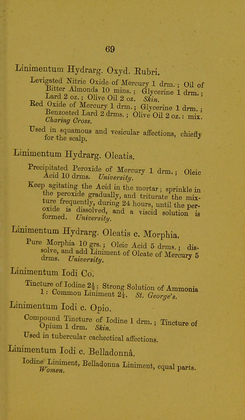 Linimentum Hydrarg. Oxyd. Eubri. Levigated Nitric Oxide of Mercury 1 drm.; Oil of Bitter Almonds 10 mins.; Glycerine 1 drm. • Bed Oxide of Mercury 1 drm.; Glycerine 1 drm. ; Benzoated Lard 2 drms.; Olive Oil 2 oz.: mix tfianng Gross. Linimentum Hydrarg. Oleatis. Precipita,ted Peroxide of Mercury 1 drm. • Oleic Acid 10 drms. University. ' Keep agitating the Acid in the mortar; sprinkle in the peroxide gradually, and triturate the mix- ture frequently, diu-ing 24 hours, until the per- ?^*ed. S.I-.''  - Linimentum Hjdrarg. Oleatis c. Morphia. Linimentum lodi Co. Tincture of Iodine 21; Strong Solution of Ammonia 1: Common Limment 2h St. George's. Linimentum lodi c. Opio. Used in tubercular cachectical ajabctions. Linimentum lodi c. BeUadonna. ^^^^S?'*' ^^1^^^-°- I'-i^ent, equal parts.