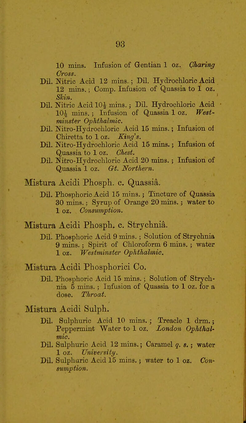 10 mins. Infusion of Gentian 1 oz. Charing Cross. Dil. Nitric Acid 12 mins.; Dil. Hydrochloric Acid 12 mins.; Comp. Infusion of Quassia to 1 oz. Skin. Dil. Nitric Acid 10^ mins.; Dil. HydrocUoric Acid ■ 10^ mins.; Infusion of Quassia 1 oz. West- minster Ophthalmic. Dil. Nitro-Hydrochloric Acid 15 mins.; Infusion oi Chiretta to 1 oz. King's. Dil. Nitro-Hydrochloric Acid 15 mins.; Infusion of Quassia to 1 oz. Chest. Dil. Nitro-Hydrochloric Acid 20 mins.; Infusion of Quassia 1 oz. Gt. Northern. Mistura Acidi Phosph. c. Quassia. Dil. Phosphoric Acid 15 mins.; Tincture of Quassia 30 mins.; Syrup of Orange 20 mins.; water to 1 oz. Consumption. Mistura Acidi Phosph. c. Strychnia. DQ. Phosphoric Acid 9 mins.; Solution of Strychnia 9 mins.; Spirit of Chloroform 6 mins.; water 1 oz. Westminster Ophthalmic. Mistura Acidi Phosphorici Co. Dil. Phosphoric Acid 15 mins.; Solution of Strych- nia 5 mins.; Infusion of Quassia to 1 oz. for a dose. Throat. Mistura Acidi Sulph. Dil. Sulphuric Acid 10 mins.; Treacle 1 drm.; Peppermint Water to 1 oz. London Ophthal- mic. Dil. Sulphuric Acid 12 mins.; Caramel q. s.; water 1 oz. University. Dil. Sulphuric Acid 15 mins.; water to 1 oz. Con- sumption.