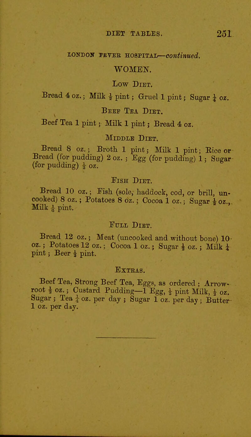 roNDOK lETTEE HospiTAi—Continued. WOMEN. Low Diet. Bread 4 oz.; Milk i pint; Gruel 1 pint; Sugar ^ oz. Beef Tea Diet. Beef Tea 1 pint; Milk 1 pint; Bread 4 oz. Middle Diet. Bread 8 oz.; Broth 1 pint; Milk 1 pint; Eice or Bread (for pudding) 2 oz. ; Egg (for pudding) 1; Sugar (for pudding) ^ oz. Fish Diet. Bread 30 oz.; Eish (sole, haddock, cod, or brill, un- cooked) 8 oz.; Potatoes 8 6z.; Cocoa 1 oz.: Sugar + oz.. Milk i pint. Euir, Diet. Bread 12 oz.; Meat (uncooked and without bone) 10- oz.; Potatoes 12 oz.; Cocoa 1 oz.; Sugar i oz.; Milk i pint; Beer i pint. Extras. Beef Tea, Strong Beef Tea, Eggs, as ordered ; Arrow- root i oz.; Custard Pudding—1 Egg, i pint Milk, i oz. Sugar; Tea ^ oz. per day ; Sugar 1 oz. per day; Butter- 1 oz. per dd,y.