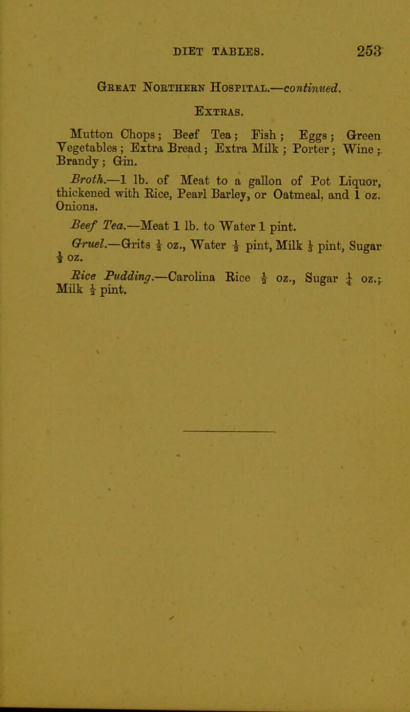 Gbeat Noetheen Hospitai.—contmued. EXTEAS. Mutton Chops; Beef Tea; Fish ; Eggs; Green Vegetables ; Extra Bread; Extra Milk ; Porter; Wine Brandy; Gin. Broth.—1 lb. of Meat to a gallon of Pot Liquor, thickened with Eice, Pearl Barley, or Oatmeal, and 1 oz. Onions. Beef Tea.—Meat 1 lb. to Water 1 pint. GrweZ.—Grits ^ oz., Water ^ pint. Milk \ pint, Sugar i oz. Rice Pudding.—Carolina Eice ^ oz., Sugar \ oz.; Milk I pint.