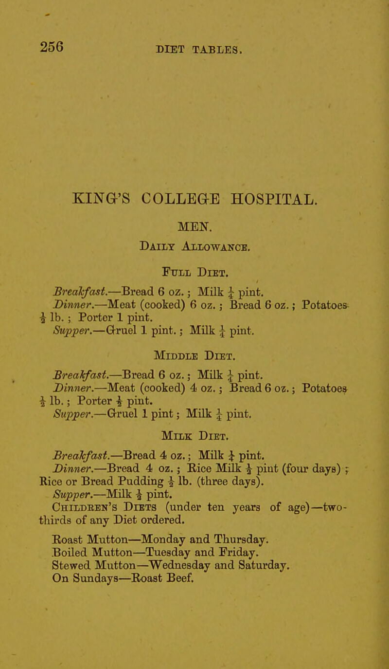 KING'S COLLEaE HOSPITAL. MEN. Daily Ahowance. Ftjlii Diet. Breakfast.—Bread 6 oz.; Milk \ pint. Dinner.—Meat (cooked) 6 oz.; Bread 6 oz.; Potatoes ■J lb. ; Porter 1 pint. Supper.—Q-ruel 1 pint.; Milk \ pint. Middle Diet. Breakfast.—Bread 6 oz.; Milk \ pint. Dinner.—Meat (cooked) 4 oz.; Bread 6 oz.; Potatoes ^ lb.; Porter i pint. Supper.—Gruel 1 pint; Milk J pint. Milk Diet. Breakfast.—Bread 4 oz.; Milk \ pint. Dinner.—Bread 4 oz.; E-ice Milk ^ pint (four days) ; Rice or Bread Pudding ^ lb. (three days). Supper.—Milk i pint. Childeen's Diets (under ten years of age)—two- thirds of any Diet ordered. Roast Mutton—Monday and Thursday. Boiled Mutton—Tuesday and Friday. Stewed Mutton—Wednesday and Saturday. On Sundays—Roast Beef.