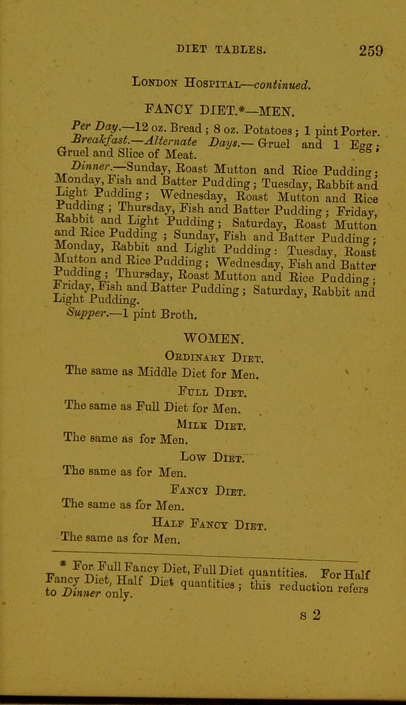 London Hospital—continued. FANCr DIET.*—MEN. Per Day.—12, oz. Bread; 8 oz. Potatoes; 1 pint Porter. Breakfast—Alternate Bays.—Gruel and 1 Ege; Gruel and Slice of Meat. . Dinnerr-Sund&y, Roast Mutton and Rice Puddincr. Monday, Fish and Batter Pudding; Tuesday, Rabbit and Liglit Pudding; Wednesday, Roast Mutton and Rice Pudding ; Thursday, Fish and Batter Pudding ; Friday, Rabbit and Light Pudding; Saturday, Roast Mutton and Rice Pudding ,- Sunday, Fish and Batter Pudding: Monday, Rabbit and Light Pudding: Tuesday, Roast Mutton and Rice Pudding; Wednesday, Pish and Batter ±;udding ; Thursday, Roast Mutton and Rice Pudding • Sghfpuddin^^ Pudding; Saturday, Rabbit and Slipper.—1 pint Broth. WOMEN. OEDrtfABX Diet. The same as Middle Diet for Men. Ettll Diet. The same as Pull Diet for Men. Milk Diet. The same as for Men. Low Diet. The same as for Men. Eano5 Diet. The same as for Men. Half Fancy Diet. The same as for Men. * Diet, PuU Diet quantities. For Half I'nJn^foSf ^^^-^ '^'^ reduction ;e?ef s 2
