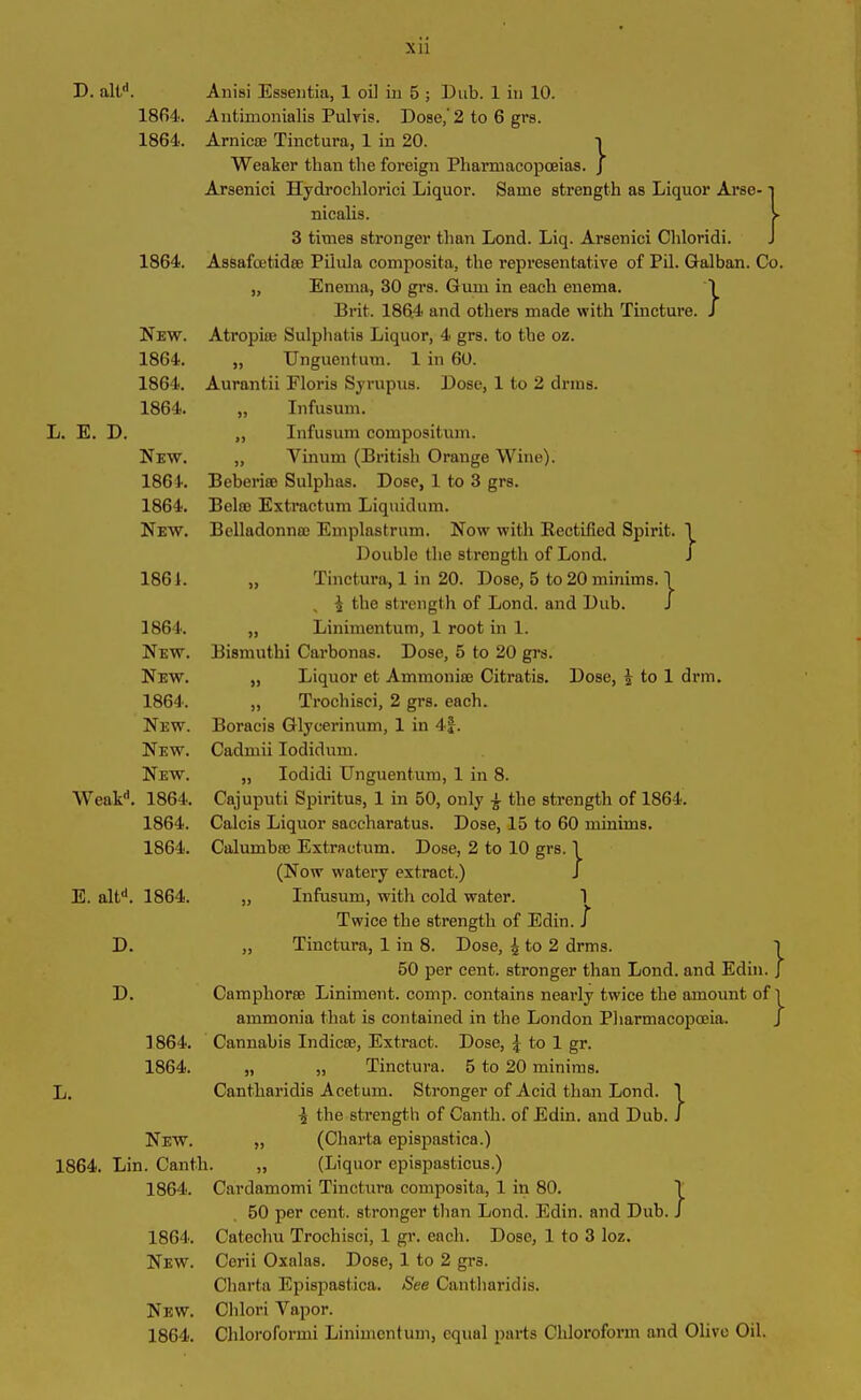 Xll D. all-1. 1864. 1864. L. E. D. 1864. New. 1864. 1864. 1864. New. 1864. 1864. New. 1861. ,} } 1864. New. New. 1864. New. New. New. Weakd. 1864. 1864. 1864. E. altd. 1864. D. D. 1 L. 1864. 1 1864. 1 1864. New. Lin. Canth. 1864. 1 1864. New. | New. 1864. Anisi Essentia, 1 oil in 5 ; Dub. 1 in 10. Antimonialis Pulyis. Dose,' 2 to 6 grs. Arnica} Tiuctura, 1 in 20. i Weaker than the foreign Pharmacopoeias. J Arsenici Hydrochlorici Liquor. Same strength as Liquor Arse- nicalis. 3 times stronger than Lond. Liq. Arsenici Chloridi. Assafcetidse Piiula composita, the representative of Pil. Galban. Co. „ Enema, 30 grs. Gum in each enema. Brit. 186.4 and others made with Tincture. Atropire Sulphatis Liquor, 4 grs. to the oz. „ Unguentum. 1 in 60. Aurantii Floris Syrupus. Dose, 1 to 2 drms. „ Infusum. „ Infusum compositum. „ Yinum (British Orange Wine). Beberise Sulphas. Dose, 1 to 3 grs. Belas Extractum Liquidum. Belladonna} Emplastrum. Now with Rectified Spirit. Double the strength of Lond. „ Tinctura, 1 in 20. Dose, 5 to 20 minims. 1 , £ the strength of Lond. and Dub. J „ Linimentum, 1 root in 1. Bismuthi Carbonas. Dose, 5 to 20 grs. „ Liquor et Ammonite Citratis. Dose, 5 to 1 drm. „ Trochisci, 2 grs. each. Boracis Glycerinum, 1 in 4J. Cadmii Iodidum. „ Iodidi Unguentum, 1 in 8. Cajuputi Spiritus, 1 in 50, only the strength of 1864. Calcis Liquor saccharatus. Dose, 15 to 60 minims. Calumbtc Extractum. Dose, 2 to 10 grs. 1 (Now watery extract.) J „ Infusum, with cold water. 1 Twice the strength of Edin. / , Tinctura, 1 in 8. Dose, ^ to 2 drms. 50 per cent, stronger than Lond. and Edin Camphorse Liniment, comp, contains nearly twice the amount of ammonia that is contained in the London Pharmacopoeia. Cannabis Indicas, Extract. Dose, 5 to 1 gr. „ „ Tinctura. 5 to 20 minims. Cantharidis Acetum. Stronger of Acid than Lond. 1 l the strength of Cantli. of Edin. and Dub. J „ (Charta epispastica.) „ (Liquor epispasticus.) Cardamomi Tinctura composita, 1 in 80. 50 per cent, stronger than Lond. Edin. and Dub Catechu Trochisci, 1 gr. each. Dose, 1 to 3 loz. Cerii Oxalas. Dose, 1 to 2 grs. Charta Epispastica. See Cantharidis. Chlori Vapor. Chloroformi Linimentum, equal parts Chloroform and Olivo Oil .} } J