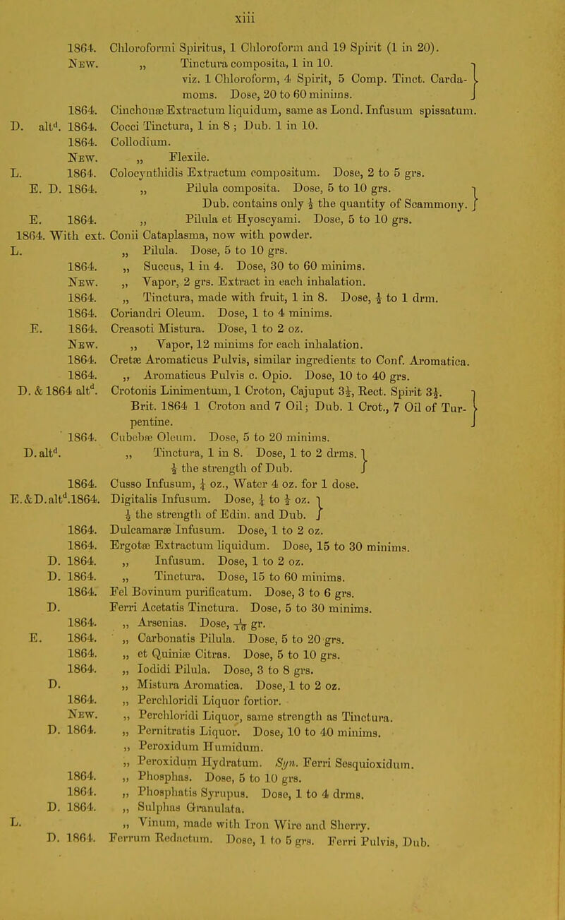 1864. New. 1864. D. alt'1. 1864. 1864. New. L. 1864. E. D. 1864. E. 1864. 1864. With ext. 1864. New. 1864. 1864. E. 1864. New. 1864. 1864. D. & 1864 altd. 1864. D. altd. 1864. E.&D.altd.1864. 1864. 1864. D. 1864. D. 1864. 1864. D. 1864. E. 1864. 1864. 1864. D. 1864. New. D. 1864. 1864. 1864. D. 1864. L. D. 1864. Chloroform! Spiritus, 1 Chloroform and 19 Spirit (1 in 20). „ Tinctura composita, 1 in 10. viz. 1 Chloroform, 4 Spirit, 5 Comp. Tinct. Carda- l moms. Dose, 20 to 60 minims. J Cinchonce Extractum liquidum, same as Lond. Infusum spissatum. Cocci Tinctura, 1 in 8 ; Dub. 1 in 10. Collodium. „ Flexile. Colocynthidis Extractum compositum. Dose, 2 to 5 grs. „ Pilula composita. Dose, 5 to 10 grs. i Dub. contains only | the quantity of Scammony. J „ Pilula et Hyoscyami. Dose, 5 to 10 grs. Conii Cataplasma, now with powder. „ Pilula. Dose, 5 to 10 grs. „ Succus, 1 iu 4. Dose, 30 to 60 minims. „ Vapor, 2 grs. Extract in each inhalation. „ Tinctura, made with fruit, 1 in 8. Dose, to 1 drm. Coriandri Oleum. Dose, 1 to 4 minims. Creasoti Mistura. Dose, 1 to 2 oz. „ Vapor, 12 minims for each inhalation. Cretae Aromaticus Pulvis, similar ingredients to Conf. Aromatica. „ Aromaticus Pulvis c. Opio. Dose, 10 to 40 grs. Crotonis Liniruentum, 1 Croton, Cajuput 3<j, Rect. Spirit 3). i Brit. 1864 1 Croton and 7 Oil; Dub. 1 Crot., 7 Oil of Tur- l pentine. Cubebae Oleum. Dose, 5 to 20 minims. ,, Tinctura, 1 in 8. Dose, 1 to 2 drms. 1 2 the strength of Dub. J Cusso Infusum, \ oz., Water 4 oz. for 1 dose. Digitalis Infusum. Dose, \ to \ oz. | the strength of Ediu. and Dub. J Dulcamara Infusum. Dose, 1 to 2 oz. Ergotse Extractum liquidum. Dose, 15 to 30 minims. „ Infusum. Dose, 1 to 2 oz. „ Tinctura. Dose, 15 to 60 minims. Eel Bovinum purificatum. Dose, 3 to 6 grs. Ferri Acetatis Tinctura. Dose, 5 to 30 minims. „ Arsenias. Dose, gr. „ Carbonatis Pilula. Dose, 5 to 20 grs. „ et Quinife Citras. Dose, 5 to 10 grs. „ Iodidi Pilula. Dose, 3 to 8 grs. „ Mistura Aromatica. Dose, 1 to 2 oz. „ Percliloridi Liquor fortior. „ Percliloridi Liquor, same strength as Tinctura. „ Pernitratis Liquor. Dose, 10 to 40 minims. „ Peroxidum Humidum. „ Peroxidum Hydratum. Si/n. Ferri Sesquioxidum. ,, Pliosphas. Dose, 5 to 10 grs. ,, Phosphatis Syrupus. Dose, 1 to 4 drms. „ Sulphas Granulala. ,, Vinum, made with Iron Wire and Sherry. Fcrrum Redactum. Dose, 1 to 5 grs. Ferri Pulvis, Dub.