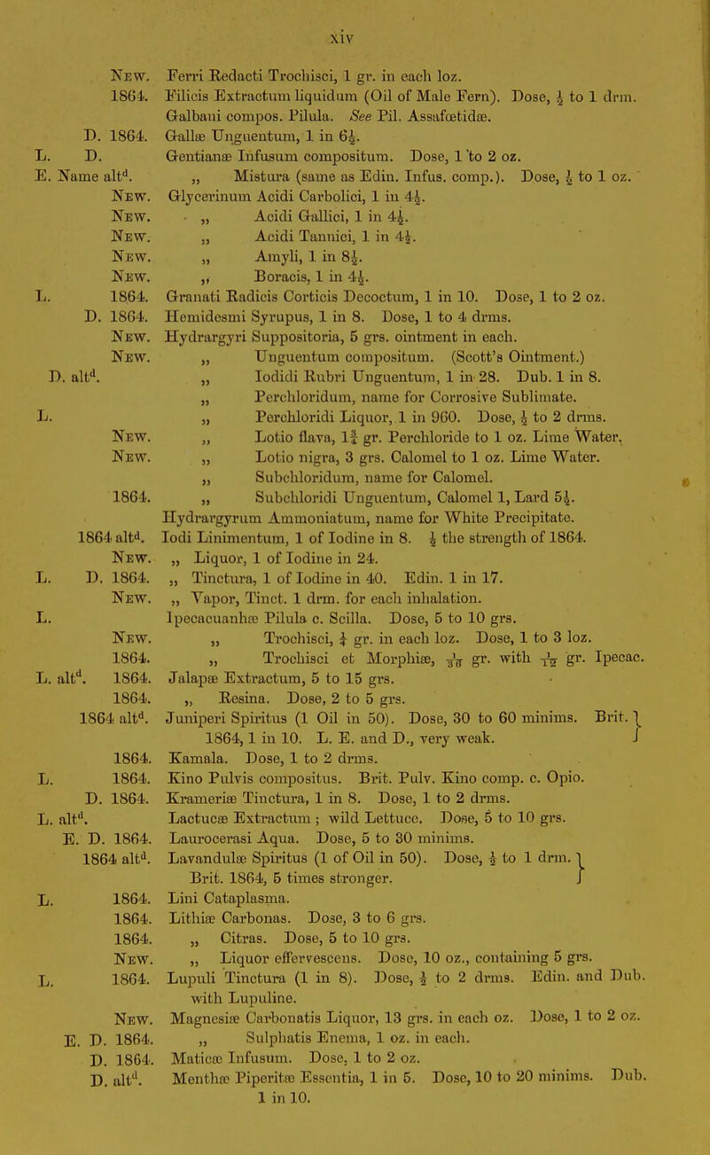 New. 1864. I). 186-4. L. D. E. Name altd. New. New. New. New. New. L. 1S64. D. 1864. New. New. D. alld. L. New. New. 1864. 1864 altd. New. L. D. 1864. New. L. New. 1864. L. altd. 1864. 1864. 1864 altd. 1864. L. 1864. D. 1S64. L. altd. E. D. 1864. 1864 altd. L. 1864. 1864. 1864. New. L. 1864. New. E. D. 1864. D. 1864, D. nltd. Dose, \ to 1 drill. Ferri Redacti Trocliisci, 1 gr. in each loz. Filicis Extractum liquidum (Oil of Male Fern). Galbani compos. Pilula. See Pil. Assafcetidoe. Galloe Unguentum, 1 in 64. Gentianae Infusum compositum. Dose, 1 'to 2 oz. „ Mistura (same as Edin. Infus. comp.). Dose, 4 to 1 oz. Glyeerinum Acidi Carbolici, 1 in 4,4- ■ „ Acidi Gallici, 1 in 4j. „ Acidi Tannici, 1 in 4£. „ Amyli, 1 in 8£. „ Boracis, 1 in 44. Granati Radicis Corticis Decoctum, 1 in 10. Dose, 1 to 2 oz. Hemidesmi Syrupus, 1 in 8. Dose, 1 to 4 drms. Hydrargyri Suppositoria, 5 grs. ointment in each. „ Unguentum compositum. (Scott’s Ointment.) „ Iodidi Rubri Unguentum, 1 in 28. Dub. 1 in 8. „ Perchloridum, name for Corrosive Sublimate. „ Perchloridi Liquor, 1 in 960. Dose, ^ to 2 drms. „ Lotio flava, lj gr. Perchloride to 1 oz. Lime Water, „ Lotio nigra, 3 grs. Calomel to 1 oz. Lime Water. „ Subchloridum, name for Calomel. „ Subcliloridi Unguentum, Calomel 1, Lard 54- Hydrargyrum Ammoniatum, name for White Precipitate. Iodi Linimentum, 1 of Iodine in 8. 4 the strength of 1864. „ Liquor, 1 of Iodine in 24. „ Tinctura, 1 of Iodine in 40. Edin. 1 in 17. „ Vapor, Tiuct. 1 drm. for each inhalation. Ipecacuanhoe Pilula c. Scilla. Dose, 5 to 10 grs. „ Ti’ochisci, i gr. in each loz. Dose, 1 to 3 loz. „ Trochisci et Morphia;, uV gr- with ts gr- Ipecac. Jalapa? Extractum, 5 to 15 grs. „ Resina. Dose, 2 to 5 grs. Juniperi Spiritus (1 Oil in 50). Dose, 30 to 60 minims. Brit. I 1864,1 in 10. L. E. and D., very weak. I Karnala. Dose, 1 to 2 drms. Kino Pulvis compositus. Brit. Pulv. Kino comp. c. Opio. Kramerise Tinctura, 1 in 8. Dose, 1 to 2 drms. Lactucse Extractum ; wild Lettuce. Dose, 5 to 10 grs. Laurocerasi Aqua. Dose, 5 to 30 minims. Lavandula) Spiritus (1 of Oil in 50). Dose, -4 to 1 drm. 1 Brit. 1864, 5 times stronger. J Lini Cataplasma. Lifchia? Carbonas. Dose, 3 to 6 grs. „ Citras. Dose, 5 to 10 grs. „ Liquor effervescens. Dose, 10 oz., containing 5 grs. Lupuli Tinctura (1 in 8). Dose, ) to 2 drms. Edin. and Dub. with Lupuline. Magnesite Carbonatis Liquor, 13 grs. in each oz. Dose, 1 to 2 oz. „ Sulphatis Enema, 1 oz. in each. Matica? Infusum. Dose, 1 to 2 oz. Mentha? Piperita? Essentia, 1 in 5. Dose, 10 to 20 minims. Dub. 1 in 10.