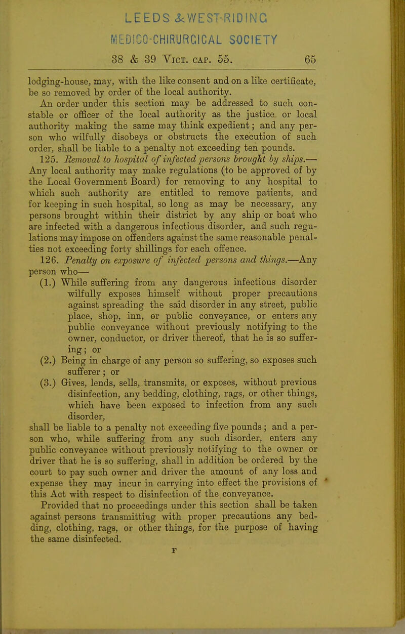 MEDICO-CHIRURCICAL SOCIETY 38 & 39 YicT. CAP. 55. 65 lodging-house, may, with the like consent and on a like certificate, be so removed by order of the local authority. An order under this section may be addressed to such con- stable or oflScer of the local authority as the justice or local authority making the same may think expedient; and any per- son who wilfully disobeys or obstructs the execution of such order, shall be liable to a penalty not exceeding ten pounds. 125. Removal to hospital of infected persons brought hy ships.— Any local authority may make regulations (to be approved of by the Local Government Board) for removing to any hospital to which such authority are entitled to remove patients, and for keeping in such hospital, so long as may be necessary, any persons brought within their district by any ship or boat who are infected with a dangerous infectious disorder, and such regu- lations may impose on offenders against the same reasonable penal- ties not exceeding forty shillings for each offence. 126. Penalty on exposure of infected persons and things.—Any person who— (1.) While suffering from any dangerous infectious disorder wilfully exposes himself without proper precautions against spreading the said disorder in any street, public place, shop, inn, or public conveyance, or enters any public conveyance without previously notifying to the owner, conductor, or driver thereof, that he is so suffer- ing; or . (2.) Being in charge of any person so suffering, so exposes such sufferer; or (3.) Gives, lends, sells, transmits, or exposes, without previous disinfection, any bedding, clothing, rags, or other things, which have been exposed to infection from any such disorder, shall be liable to a penalty not exceeding five pounds; and a per- son who, while suffering from any such disorder, enters any public conveyance without previously notifying to the owner or driver that he is so suffering, shall in addition be ordered by the court to pay such owner and driver the amount of any loss and expense they may incur in carrying into effect the provisions of * this Act with respect to disinfection of the conveyance. Provided that no proceedings under this section shall be taken against persons transmitting with proper precautions any bed- ding, clothing, rags, or other things, for the purpose of having the same disinfected.