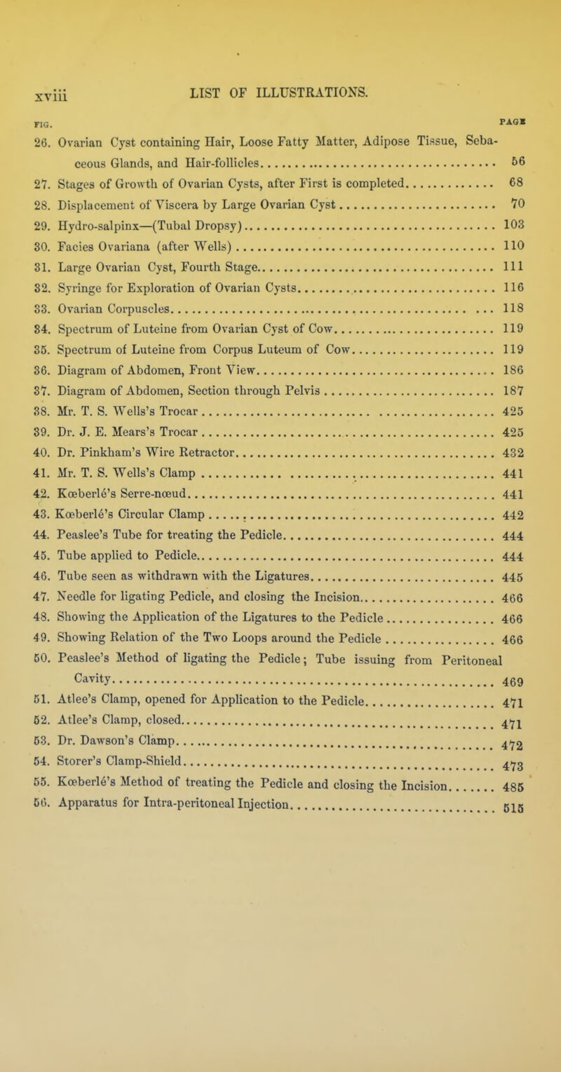 FIG. PAGB 26. Ovarian Cyst containing Hair, Loose Fatty Matter, Adipose Tissue, Seba- ceous Glands, and Hair-follicles 66 27. Stages of Growth of Ovarian Cysts, after First is completed 68 28. Displacement of Viscera by Large Ovarian Cyst VO 29. Hydro-salpinx—(Tubal Dropsy) 103 80. Facies Ovariana (after Wells) 110 81. Large Ovarian Cyst, Fourth Stage Ill 82. Syringe for Exploration of Ovarian Cysts 116 33. Ovarian Corpuscles 118 84. Spectrum of Luteine from Ovarian Cyst of Cow 119 35. Spectrum of Luteine from Corpus Luteum of Cow 119 86. Diagram of Abdomen, Front View 186 87. Diagram of Abdomen, Section through Pelvis 187 88. Mr. T. S. Wells's Trocar 425 89. Dr. J. E. Mears's Trocar 425 40. Dr. Pinkham's Wire Retractor 432 41. Mr. T. S. Wells's Clamp 441 42. Koeberle's Serre-noeud 441 43. Koeberle's Circular Clamp 442 44. Peaslee's Tube for treating the Pedicle 444 45. Tube applied to Pedicle 444 46. Tube seen as withdrawn with the Ligatures 445 47. Needle for ligating Pedicle, and closing the Incision 466 48. Showing the Application of the Ligatures to the Pedicle 466 49. Showing Relation of the Two Loops around the Pedicle 466 60. Peaslee's Method of ligating the Pedicle; Tube issuing from Peritoneal Cavity 469 51. Atlee's Clamp, opened for Application to the Pedicle 47I 52. Atlee's Clamp, closed 4^1 53. Dr. Dawson's Clamp 4^2 54. Storer's Clamp-Shield 4^3 55. Koeberle's Method of treating the Pedicle and closing the Incision 485 56. Apparatus for Intra-peritoneal Injection 515
