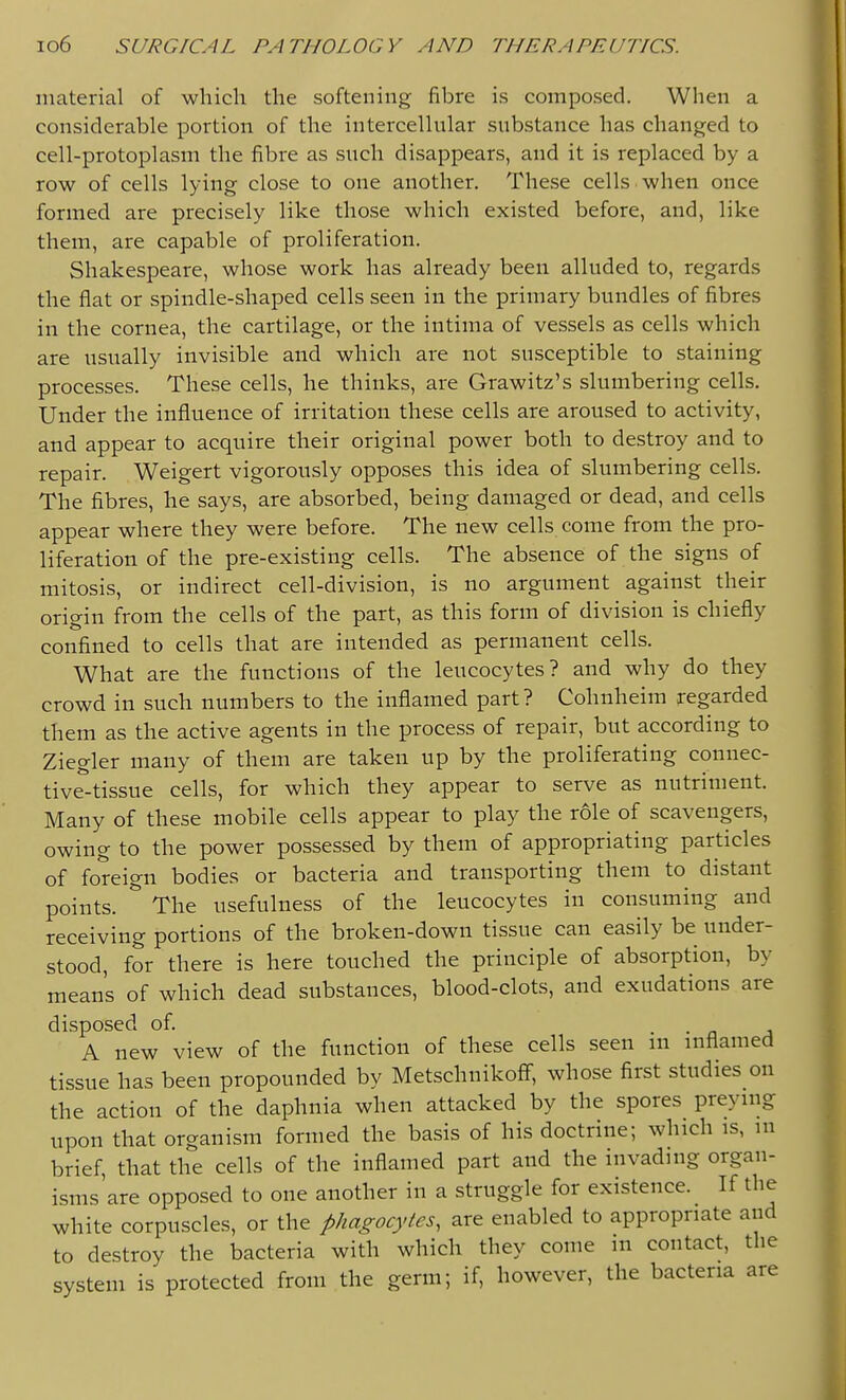 material of which the softening fibre is composed. When a considerable portion of the intercellular substance has changed to cell-protoplasm the fibre as such disappears, and it is replaced by a row of cells lying close to one another. These cells when once formed are precisely like those which existed before, and, like them, are capable of proliferation. Shakespeare, whose work has already been alluded to, regards the flat or spindle-shaped cells seen in the primary bundles of fibres in the cornea, the cartilage, or the intima of vessels as cells which are usually invisible and which are not susceptible to staining processes. These cells, he thinks, are Grawitz's slumbering cells. Under the influence of irritation these cells are aroused to activity, and appear to acquire their original power both to destroy and to repair. Weigert vigorously opposes this idea of slumbering cells. The fibres, he says, are absorbed, being damaged or dead, and cells appear where they were before. The new cells come from the pro- liferation of the pre-existing cells. The absence of the signs of mitosis, or indirect cell-division, is no argument against their origin from the cells of the part, as this form of division is chiefly confined to cells that are intended as permanent cells. What are the functions of the leucocytes? and why do they crowd in such numbers to the inflamed part? Cohnheim regarded them as the active agents in the process of repair, but according to Ziegler many of them are taken up by the proliferating connec- tive-tissue cells, for which they appear to serve as nutriment. Many of these mobile cells appear to play the role of scavengers, owing to the power possessed by them of appropriating particles of foreign bodies or bacteria and transporting them to distant points. ^ The usefulness of the leucocytes in consuming and receiving portions of the broken-down tissue can easily be under- stood, for there is here touched the principle of absorption, by mean's of which dead substances, blood-clots, and exudations are disposed of. • a a A new view of the function of these cells seen in inflamed tissue has been propounded by MetschnikofF, whose first studies on the action of the daphnia when attacked by the spores preying upon that organism formed the basis of his doctrine; which is, m brief, that the cells of the inflamed part and the invading organ- isms are opposed to one another in a struggle for existence. If the white corpuscles, or the phagocytes, are enabled to appropriate and to destroy the bacteria with which they come m contact, the system is protected from the germ; if, however, the bacteria are