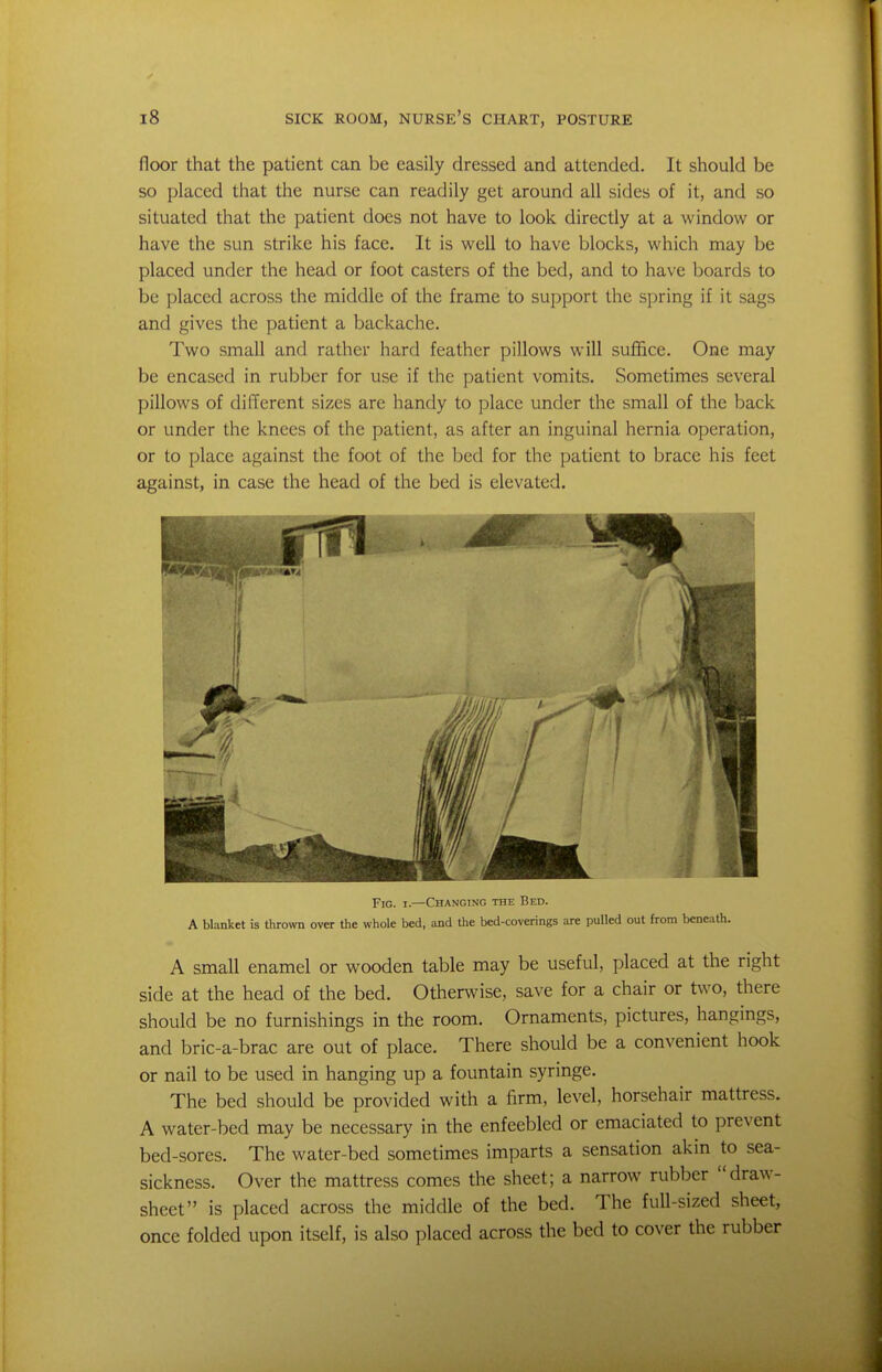 floor that the patient can be easily dressed and attended. It should be so placed that the nurse can readily get around all sides of it, and so situated that the patient does not have to look directly at a window or have the sun strike his face. It is well to have blocks, which may be placed under the head or foot casters of the bed, and to have boards to be placed across the middle of the frame to support the spring if it sags and gives the patient a backache. Two small and rather hard feather pillows will suffice. One may be encased in rubber for use if the patient vomits. Sometimes several pillows of different sizes are handy to place under the small of the back or under the knees of the patient, as after an inguinal hernia operation, or to place against the foot of the bed for the patient to brace his feet against, in case the head of the bed is elevated. Fig. I.—Changing the Bed. A blanket is thrown over the whole bed, and the bed-coverings are pulled out from beneath. A small enamel or wooden table may be useful, placed at the right side at the head of the bed. Otherwise, save for a chair or two, there should be no furnishings in the room. Ornaments, pictures, hangings, and bric-a-brac are out of place. There should be a convenient hook or nail to be used in hanging up a fountain syringe. The bed should be provided with a firm, level, horsehair mattress. A water-bed may be necessary in the enfeebled or emaciated to prevent bed-sores. The water-bed sometimes imparts a sensation akin to sea- sickness. Over the mattress comes the sheet; a narrow rubber draw- sheet is placed across the middle of the bed. The full-sized sheet, once folded upon itself, is also placed across the bed to cover the rubber