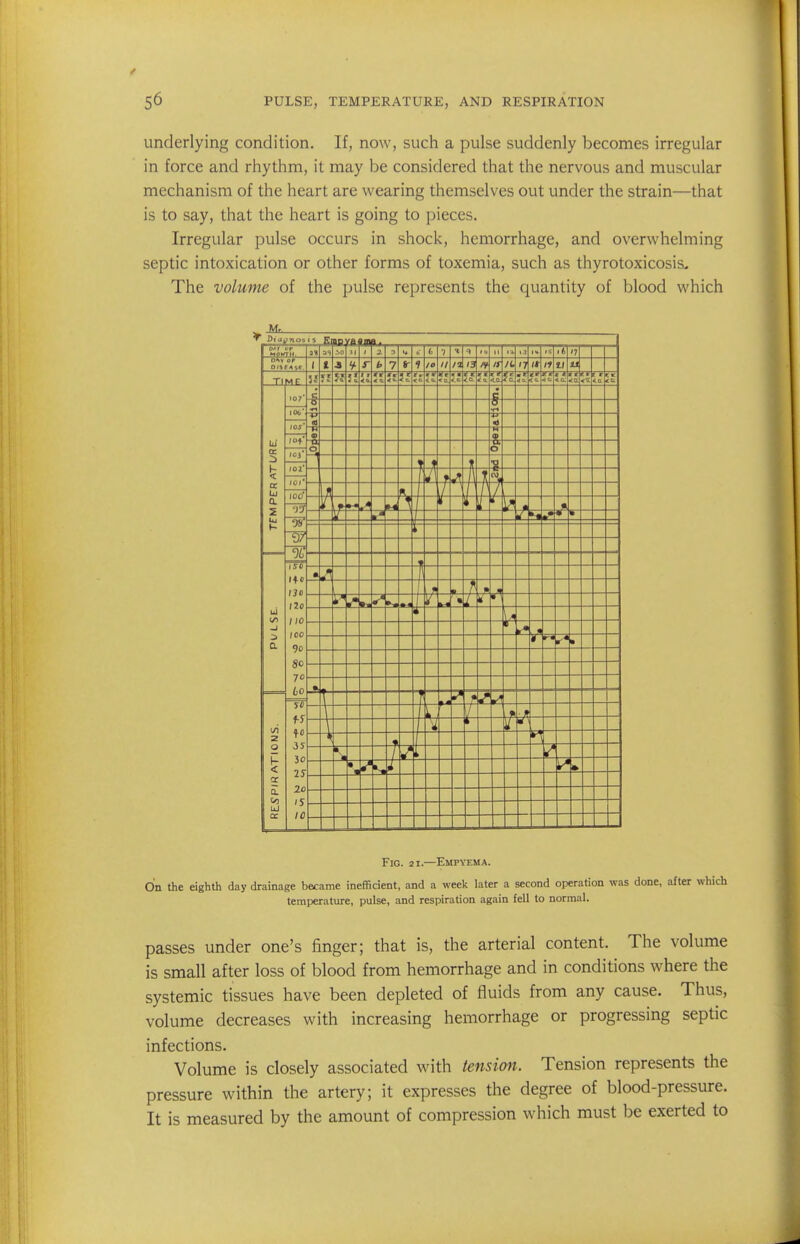 underlying condition. If, now, such a pulse suddenly becomes irregular in force and rhythm, it may be considered that the nervous and muscular mechanism of the heart are wearing themselves out under the strain—that is to say, that the heart is going to pieces. Irregular pulse occurs in shock, hemorrhage, and overwhelming septic intoxication or other forms of toxemia, such as thyrotoxicosis. The volume of the pulse represents the quantity of blood which DitifTioais ] o^T op MOMTH, ^ 1 3 T t 1 0 '7 o^v or 1 t b 7 lO // /a /3 /y IS It, n (* ti tl 11 Tl MF I r 4 b. « r » r *1 i^r t C <«. i * <ta c A <a: <a r r <a hi :s 1- <t tr la a. z 10?' 106' IOJ-* lot' ICj' 101' toi' '1'r 0/ %' ISC I3c no 110 ICC 90 80 70 60 so fJ to is 30 2S 20 IS 10 g B 0 5 Tt -g O ft o 4 A -A -r !^ i i / M i ? -sf u (/> -i a 1/i 2 O \~ < cr a. I>5 \±i CC ? f V • V- \ Si 1 1 Fig. 21.—Empyema. On the eighth day drainage became inefficient, and a week later a second operation was done, after which temperature, pulse, and respiration again fell to normal. passes under one's finger; that is, the arterial content. The volume is small after loss of blood from hemorrhage and in conditions where the systemic tissues have been depleted of fluids from any cause. Thus, volume decreases with increasing hemorrhage or progressing septic infections. Volume is closely associated with tension. Tension represents the pressure within the artery; it expresses the degree of blood-pressure. It is measured by the amount of compression which must be exerted to