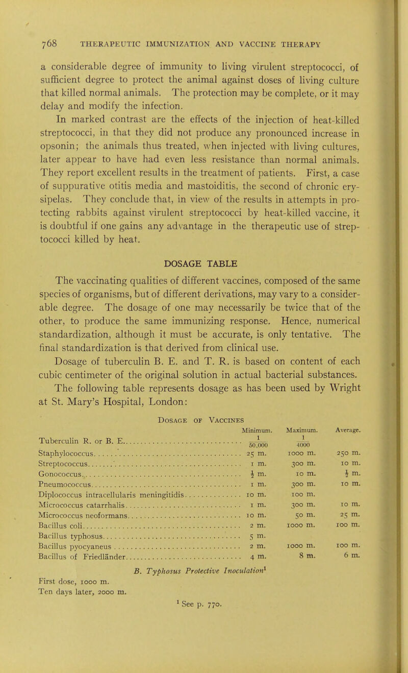 a considerable degree of immunity to living virulent streptococci, of sufficient degree to protect the animal against doses of living culture that killed normal animals. The protection may be complete, or it may delay and modify the infection. In marked contrast are the effects of the injection of heat-killed streptococci, in that they did not produce any pronounced increase in opsonin; the animals thus treated, when injected with living cultures, later appear to have had even less resistance than normal animals. They report excellent results in the treatment of patients. First, a case of suppurative otitis media and mastoiditis, the second of chronic ery- sipelas. They conclude that, in view of the results in attempts in pro- tecting rabbits against virulent streptococci by heat-killed vaccine, it is doubtful if one gains any ad\antage in the therapeutic use of strep- tococci killed by heat. DOSAGE TABLE The vaccinating qualities of different vaccines, composed of the same species of organisms, but of different derivations, may vary to a consider- able degree. The dosage of one may necessarily be twice that of the other, to produce the same immunizing response. Hence, numerical standardization, although it must be accurate, is only tentative. The final standardization is that derived from clinical use. Dosage of tuberculin B. E. and T. R. is based on content of each cubic centimeter of the original solution in actual bacterial substances. The following table represents dosage as has been used by Wright at St. Mary's Hospital, London: Dosage of Vaccines Minimum. Maximum. Average. 1 1 50,000 4000 25 m. looo m. 250 m. 300 m. 10 m. i m- 10 m. h m. 300 m. 10 m. Diplococcus intracellularis meningitidis 10 m. 100 m. 300 m. 10 m. 50 m. 25 m. 1000 m. 100 m. 2 m. 1000 m. 100 m. 8 m. 6 m. B. Typhosus Protective Inoculation^ First dose, 1000 m. Ten days later, 2000 m. ' See p. 770.