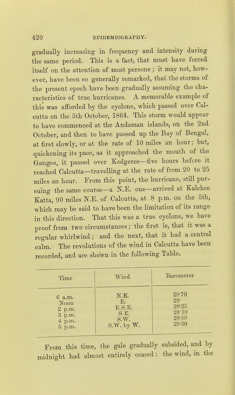 gradually increasing in frequency and intensity during the same period. This is a fact, that must have forced itself on the attention of most persons ; it may not, how- ever, have been so generally remarked, that the storms of the present epoch have been gradually assuming the cha- racteristics of true hurricanes. A memorable example of this was afforded by the cyclone, which passed over Cal- cutta on the 5th October, 1864. This storm would appear to have commenced at the Andaman islands, on the 2nd October, and then to have passed up the Bay of Bengal, at first slowly, or at the rate of 10 miles an hour; but, quickening its pace, as it approached the mouth of the Ganges, it passed over Kedgeree—five hours before it reached Calcutta—travelling at the rate of from 20 to 25 miles an hour. From this point, the hurricane, still pur- suing the same course—a N.E. one—arrived at Kalchee Katta, 90 miles N.E. of Calcutta, at 8 p.m. on the 5th, which may be said to have been the limitation of its range in this direction. That this was a true cyclone, we have proof from two circumstances; the first is, that it was a regular whirlwind; and the next, that it had a central calm. The revolutions of the wind in Calcutta have been recorded, and are shown in the following Table. Time Wind Barometer 6 a.m. Noon 2 p.m. 3 p.m. 4 p.m. 5 p.m. N.E. E. E.S.E. S.E. S.W. S.W. by W. 29-70 29- 28-25 28-10 28- 50 29- 30 From this time, the gale gradually subsided, and by idnight had almost entirely ceased: the wind, in the
