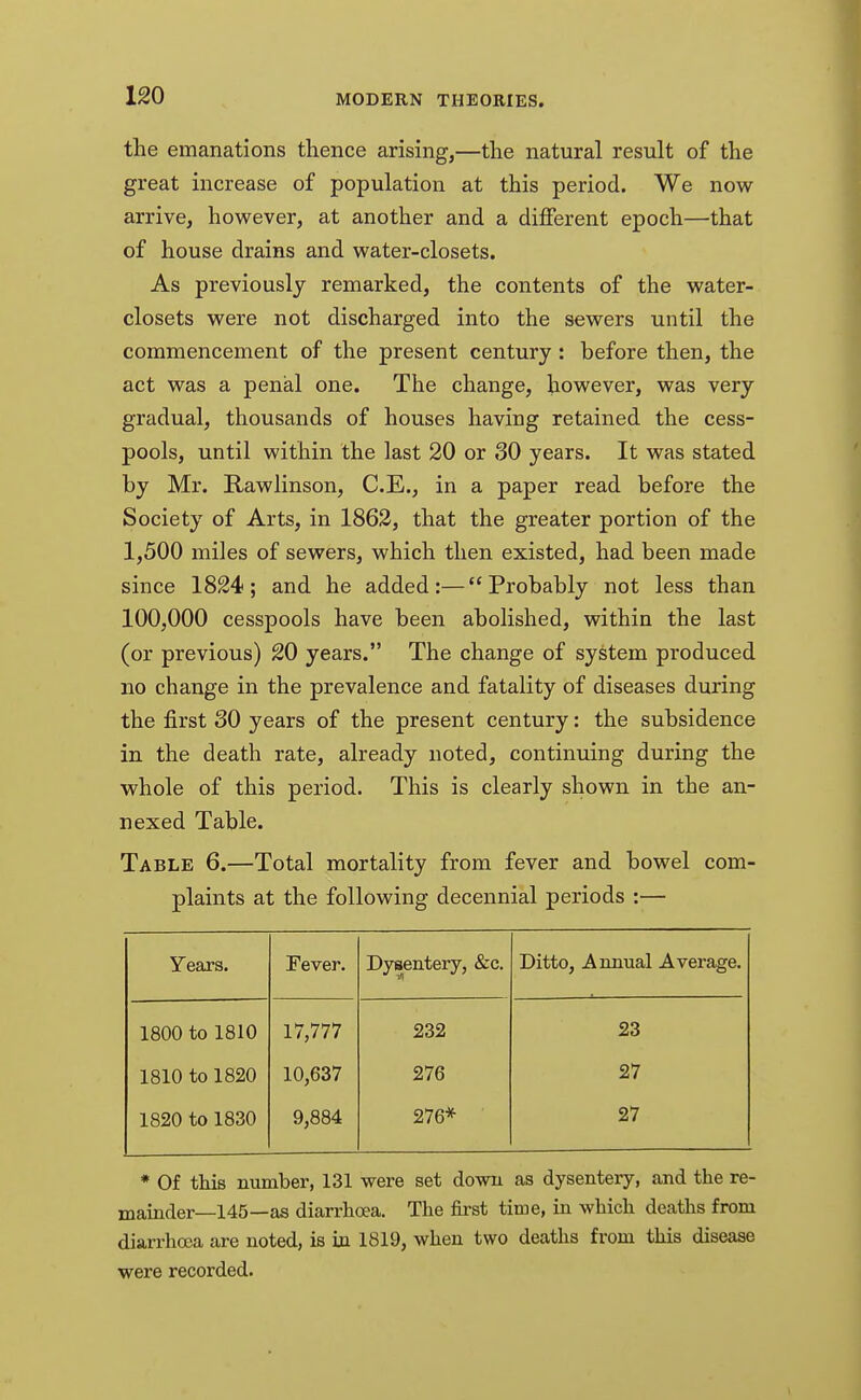 the emanations thence arising,—the natural result of the great increase of population at this period. We now arrive, however, at another and a different epoch—that of house drains and water-closets. As previously remarked, the contents of the water- closets were not discharged into the sewers until the commencement of the present century: before then, the act was a penal one. The change, however, was very gradual, thousands of houses having retained the cess- pools, until within the last 20 or 30 years. It was stated by Mr. Rawlinson, C.E., in a paper read before the Society of Arts, in 1862, that the greater portion of the 1,500 miles of sewers, which then existed, had been made since 1824; and he added:—Probably not less than 100,000 cesspools have been abolished, within the last (or previous) 20 years. The change of system produced no change in the prevalence and fatality of diseases during the first 30 years of the present century: the subsidence in the death rate, already noted, continuing during the whole of this period. This is clearly shown in the an- nexed Table. Table 6.—Total mortality from fever and bowel com- plaints at the following decennial periods :— Years. Fever. Dysentery, &c. Ditto, Annual Average. 1800 to 1810 17,777 232 23 1810 to 1820 10,637 276 27 1820 to 1830 9,884 276* 27 * Of this number, 131 were set down as dysentery, and the re- mainder—145—as diarrhoea. The first time, in which deaths from diarrhoea are noted, is in 1819, when two deaths from this disease were recorded.