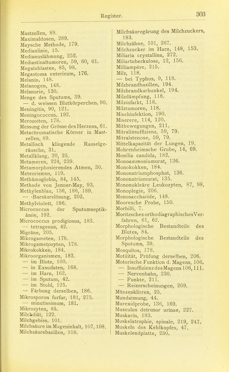 Mastzellen, 89. Maximaldosen, 289. Maysche Methode, 179. Medianlinie, 15. Medianuslähmung, 252. Mediastinaltumoren, 59, 60, 61. Megaloblasten, 85, 98. MegaStoma entericum, 176. Melanin, 148. Melanogen, 148. Melanurie, 130. Menge des Sputums, 39. — d. weissen Blutkörperchen, 90. Meningitis, 90, 121. Meningococcus, 192. Merozoiten, 178. Messung der Grösse des Herzens, 61. Metachromatische Körner in Mast- zellen, 89. Metallisch klingende Rasselge- räusche, 31. Metallklang, 20, 25. Metameren, 224, 239. Metamorphosierendes Atmen, 30. Meteorismus, 119. Methämoglobin, 84, 145. Methode von Jenner-May, 93. Methylenblau, 156, 186, 189. — -Borsäurelösung, 202, Methylviolett, 186. Micrococcus der Sputumseptik- ämie, 192. Micrococcus prodigiosus, 183. — tetragenus, 42. Migräne, 205. Mikrogameten, 178. Mikrogametozyten, 178. Mikrokokken, 184. Mikroorganismen, 183. — im Blute, 100. — in Exsudaten, 168. — im Harn, 162, — im Sputum, 42. — im Stuhl, 125. — Färbung derselben, 186. Mikrosporon furfur, 181, 273. — minutissimum, 181. Mikrozyten, 85, Milchdiät, 122. Milchgebiss, 101. Milchsäure im Mageninhalt, 107, 108. Milchsäurebazillen, 108. Milchsäuregärung des Milchzuckers, 183. Milchzähne, 101, 267. Milchzucker im Harn, 148, 153. Miliaria crystallina, 272. Miliartuberkulose, 12, 156. Milliampere, 215. Milz, 118. — bei Typhus, 9, 118. Milzbrandbazillen, 194. Milzbrandkarbunkel, 194. Milzdämpfung, 118. Milzinfarkt, 118. Milztumoren, 118. Mischinfektion, 190. Miserere, 114, 120. Mitbewegungen, 211. Mitralinsuffizienz, 59, 79. Mitralstenose, 59, 79. Mittelkapazität der Lungen, 19. Mohrenheimsche Grube, 14, 69. Monilia Candida, 182. Monoammoniumurat, 136. Monokokken, 184. Mononatriumphosphat, 136. Mononatriumurat, 135. Mononukleäre Leukozyten, 87, 98. Monoplegie, 206. Monosaccharide, 148. Mooresche Probe, 150. Morbilli, 7. MoritzschesorthodiagraphischesVer- fahren, 61, 62. Morphologische Bestandteile des Blutes, 84. Morphologische Bestandteile des Sputums, 39. Mosquitos, 178. Motilität, Prüfung derselben, 206. Motorische Funktion d. Magens, 106. — InsuffizienzdesMagens 106,111. — Nervenbahn, 230. — Punkte, 211. — Reizerscheinungen, 209. Münzenklirren, 25. Mundatmung, 44. Murexidprobe, 136, 169. Musculus detrusor urinae, 227. Muskarin, 183. Muskelatrophie, spinale, 219, 247. Muskeln des Kehlkopfes, 47. Muskelendplatte, 230,