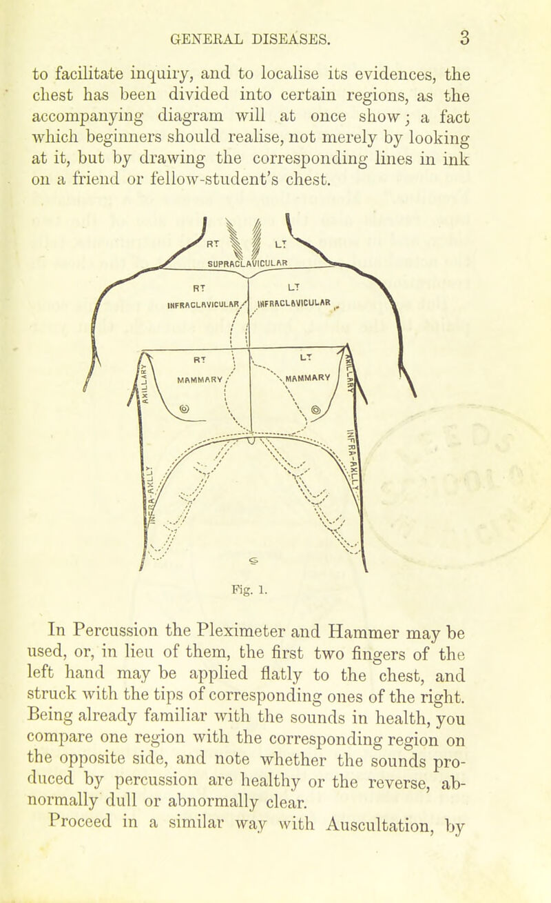 to facilitate inquiiy, and to localise its evidences, the chest has been divided into certain regions, as the accompanying diagram will at once show; a fact which beginners should realise, not merely by looking at it, but by drawing the corresponding lines in ink on a friend or fellow-student's chest. Fig. 1. In Percussion the Pleximeter and Hammer may be used, or, in lieu of them, the first two fingers of the left hand may be applied flatly to the chest, and struck with the tips of corresponding ones of the right. Being already familiar with the sounds in health, you compare one region with the corresponding region on the opposite side, and note whether the sounds pro- duced by percussion are healthy or the reverse, ab- normally dull or abnormally clear. Proceed in a similar way with Auscultation, by