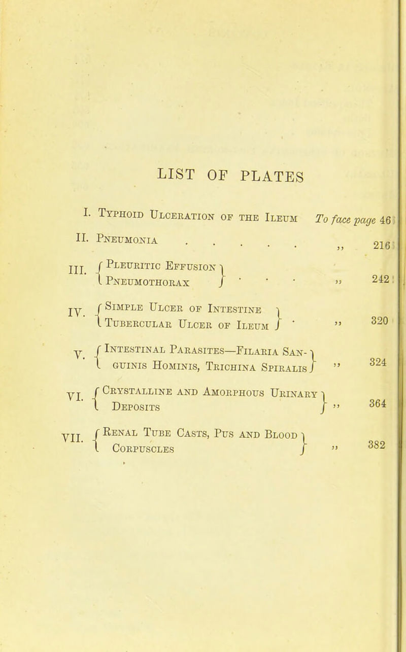 LIST OF PLATES I. Typhoid Ulceration of the Ileum To face page 46 ; II. Pneumonia III. lY r Pleuritic Effusion 1 Pneumothorax } • ( Simple Ulcer of Intestine ^fE 1 \ Tubercular Ulcer of Ileum J ' c Intestinal Parasites—Filaria San- ■> I GuiNis Hominis, Trichina Spiralis / c Crystalline and Amorphous Urinary i VI. I Deposits VII / ^^^^^ TvB-E Casts, Pus and Blood -i