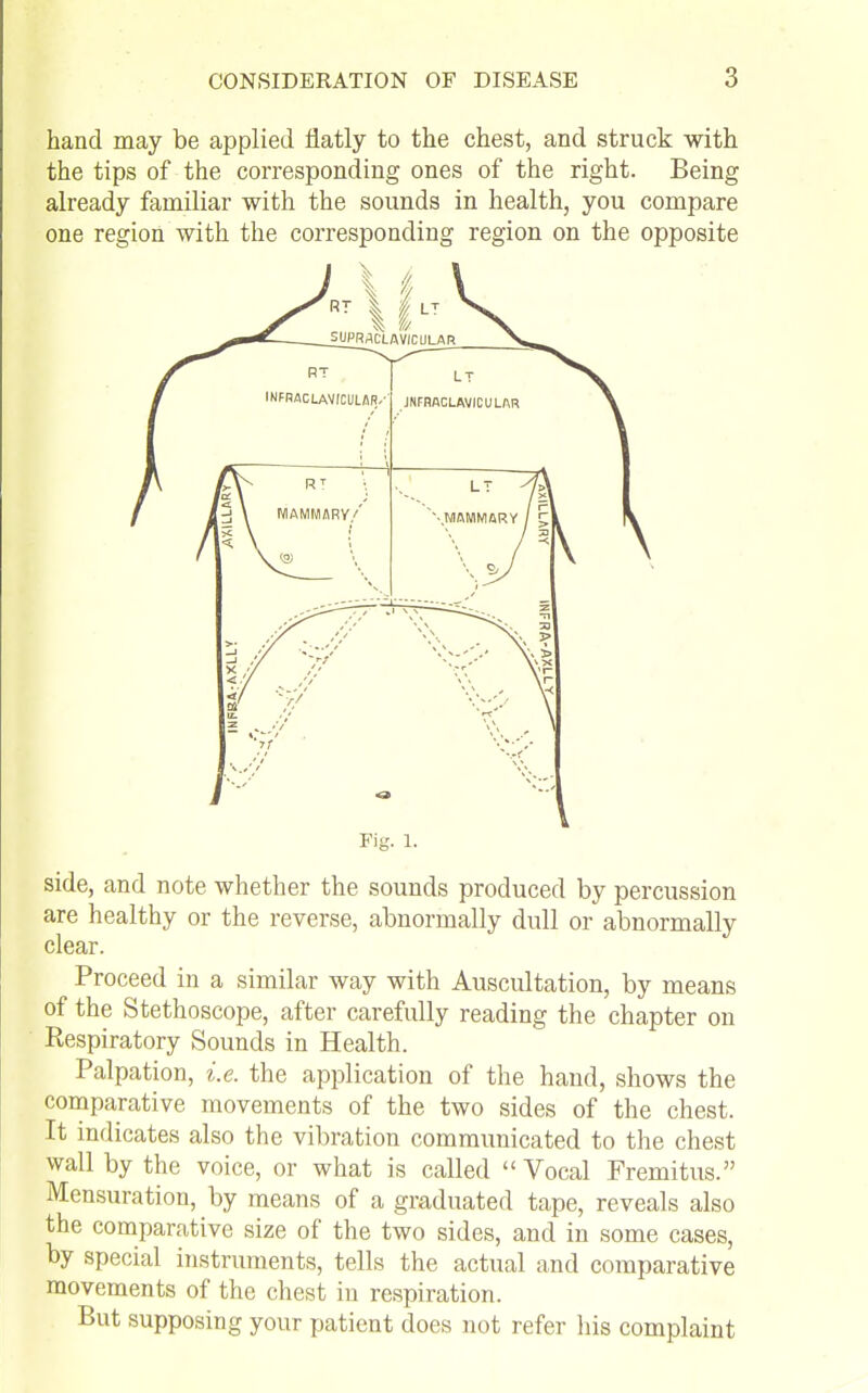 hand may be applied flatly to the chest, and struck with the tips of the corresponding ones of the right. Being already familiar with the sounds in health, you compare one region with the corresponding region on the opposite Fig- 1. side, and note whether the sounds produced by percussion are healthy or the reverse, abnormally dull or abnormally clear. Proceed in a similar way with Auscultation, by means of the Stethoscope, after carefully reading the chapter on Respiratory Sounds in Health. Palpation, i.e. the application of the hand, shows the comparative movements of the two sides of the chest. It indicates also the vibration communicated to the chest wall by the voice, or what is called  Vocal Fremitus. Mensuration, by means of a graduated tape, reveals also the comparative size of the two sides, and in some cases, by special instruments, tells the actual and comparative movements of the chest in respiration. But supposing your patient does not refer his complaint