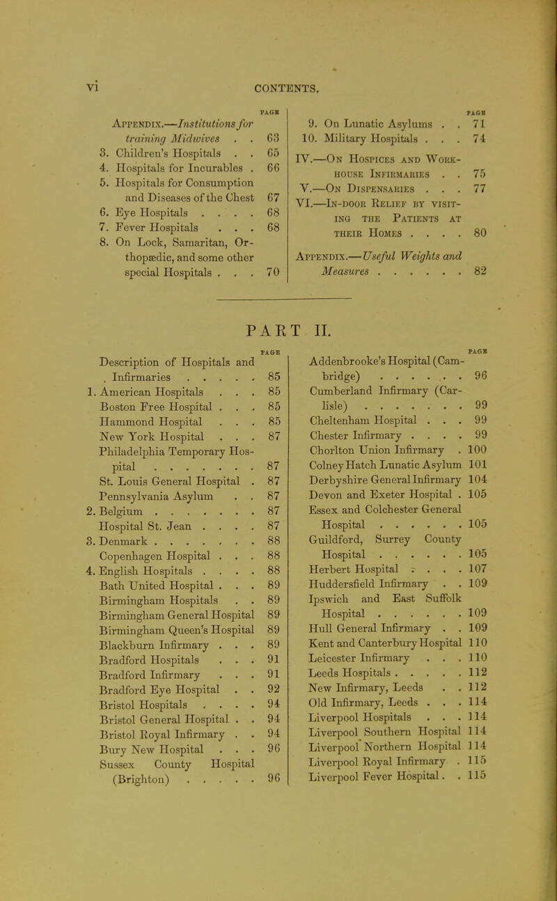 PXOB Appendix.—Institutions for training Midwives . . 63 3. Children's Hospitals . . 05 4. Hospitals for Incurables . 66 5. Hospitals for Consumption and Diseases of the Chest 67 6. Eye Hospitals .... 68 7. Fever Hospitals ... 68 8. On Lock, Samaritan, Or- thopaedic, and some other special Hospitals ... 70 9. On Lunatic Asylums . . 71 10. Military Hospitals ... 74 IV.—On Hospices and Work- house Infirmaries . . 75 V.—On Dispensaries ... 77 VI.—In-door Relief by visit- ing THE Patients at their Homes .... 80 Appendix.— Useful Weights and Measures 82 PART II. Description of Hospitals and Addenbrooke's Hospital (Cam- T n n T TYl i1 Tl P <3 85 96 1 Ampripan TTosnitflla 85 Cumberland Infirmary (Car- Boston Free Hospital • 85 Usle) 99 ,1 iriiiiiiiixiiiij X J. vyO (./J. UCU. • • • 85 Cheltenham Hospital . . . 99 New York Hospital . . . 87 Chester Infirmary .... 99 Philadelphia Temporary Hos- Chorlton Union Infirmary . 100 87 Colney Hatch Lunatic Asylum 101 St. Louis General Hospital . 87 Derbyshire General Infirmary 104 Pennsylvania Asylum . . 87 Devon and Exeter Hospital . 105 87 Essex and Colchester General Hospital St. Jean .... 87 105 88 Guildford, Surrey County Copenhagen Hospital . . 88 105 4. English Hospitals .... 88 Herbert Hospital .... 107 Bath United Hospital . . . 89 Huddersfield Infii-mary . . 109 Birmingham Hospitals . . 89 Ipswich and East Suffolk 109 Birmingham General Hospital 89 Birmingham Queen's Hospital 89 Hull General Infirmary . . 109 Blackburn Infirmary . . . 89 Kent and Canterbury Hospital 110 Bradford Hospitals . . . 91 Leicester Infirmary 110 Bradford Infirmary . . . 91 112 Bradford Eye Hospital . , 92 New Infirmary, Leeds . . 112 Bristol Hospitals .... 94 Old Infirmary, Leeds . . . 114 Bristol General Hospital . . 94 Liverpool Hospitals . . . 114 Bristol Eoyal Infirmary . . 94 Liverpool Southern Hospital 114 Bury New Hospital . . . 96 Liverpool Northern Hospital 114 Sussex County Hospital Liverpool Royal Infirmary . 115 96 Liverpool Fever Hospital. . 115