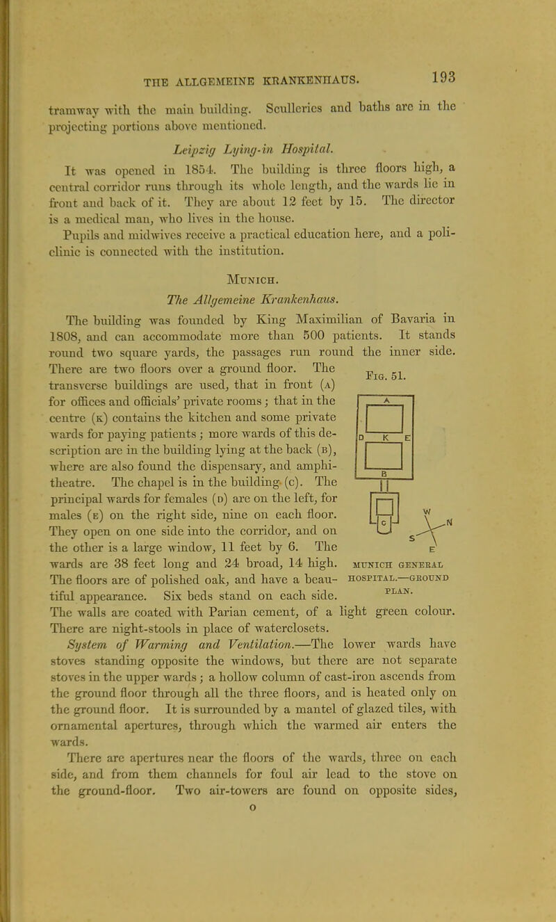 THE ALLGEMEINE KRANKENHAUS. tramway with the main building. Sculleries and baths are in the projecting portions above mentioned. Leipzig Lying-in Hospital. It was opened in 1854. The building is three floors high, a central corridor nins through its whole length, and the wards lie in front and back of it. They are abovit 12 feet by 15. The director is a medical man, who lives in the house. Pupils and midAvives receive a practical education here, and a poli- clinic is connected with the institution. Munich. The AUgemeine Krankenhaus. The building was founded by King Maximilian of Bavaria in 1808, and can accommodate more than 500 patients. It stands round two square yards, the passages run round the inner side. There are two floors over a ground floor. The transverse buildings are used, that in front (a) for offices and officials' private rooms; that in the centre (k) contains the kitchen and some private wards for paying patients; more wards of this de- scription are in the building lying at the back (b), where are also found the dispensary, and amphi- theatre. The chapel is in the building-(c). The principal wards for females (d) are on the left, for males (e) on the right side, nine on each floor. They open on one side into the corridor, and on the other is a large window, 11 feet by 6. The e wards are 38 feet long and 24 broad, 14 high, mttnich geneeai, The floors are of polished oak, and have a beau- hospital.—geound tifal appearance. Six beds stand on each side. plan. The waUs are coated with Parian cement, of a light green colour. There are night-stools in place of waterclosets. System of Warming and Ventilation.—The lower wards have stoves standing opposite the windows, but there are not separate stoves in the upper wards ; a hollow column of cast-iron ascends from the ground floor through all the three floors, and is heated only on the ground floor. It is surrounded by a mantel of glazed tiles, with ornamental apertures, through which the warmed air enters the wards. There arc apertures near the floors of the wards, three on each side, and from them channels for foul air lead to the stove on the ground-floor. Two air-towers arc found on opposite sides, o A D K E B