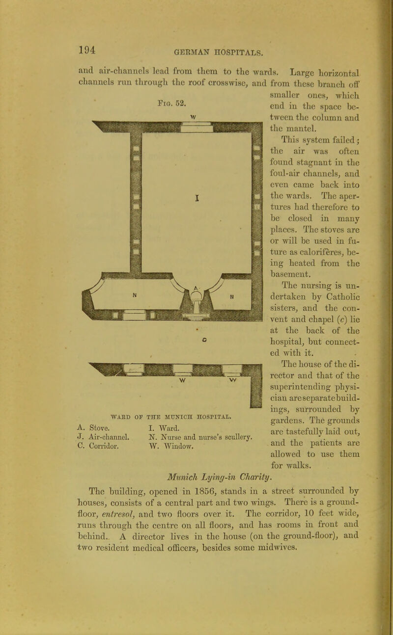 Fig. 52. and air-clianncls lead from them to the wards. Large horizontal channels run through the roof crosswise, and from these braucli oil' smaller ones, which end in the space be- tween the column and the mantel. This system failed; the air was often found stagnant in the foul-air channels, and even came back into the wards. The aper- tures had therefore to be closed in many places. The stoves are or will be used in fu- ture as caloriferes, be- ing heated from the basement. The nursing is un- dertaken by Catholic sisters, and the con- vent and chapel (c) lie at the back of the hospital, but connect- ed with it. The house of the di- rector and that of the superintending physi- cian are separate build- ings, surrounded by gardens. The grounds are tastefully laid out, and the patients are allowed to use them for walks. Munich Lying-in Charity. The building, opened in 1856, stands in a street sun'ounded by houses, consists of a central part and two wings. There is a ground- floor, entresol, and two floors over it. The corridor, 10 feet wide, runs through the centre on all floors, and has rooms in front and behind.. A director lives in the house (on the ground-floor), and two resident medical officers, besides some midwives. WAED OP THE MUNICH HOSPITAL. A. Stove. J. Air-channel. C. Corridor. I. Ward. N. Nurse and nurse's scullery. W. Window.