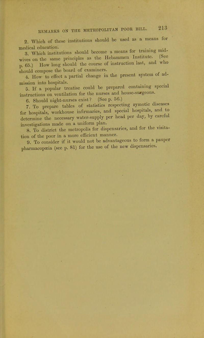 2. Which of these institutions should be used as a means for medical education. . 3 Which institutions sliouhl become a means for training mid- wives on the same principles as the Hebammen Institute. (Sec p. 65.) How long shoukl the course of instruction last, and who should compose the board of examiners. 4. How to effect a partial change in the present system ot ad- mission into hospitals. 5. If a popular treatise could be prepared containing special instructions on ventilation for the nurses and house-surgeons. 6. Should night-nurses exist ? (See p. 56.) 7. To prepare tables of statistics respecting zymotic diseases for hospitals, workhouse infirmaries, and special hospitals, and to detei-mine the necessary water-supply per head per day, by careful investigations made on a uniform plan. 8. To district the metropolis for dispensaries, and for the visita- tion of the poor in a more efficient manner. 9. To consider if it would not be advantageous to form a pauper pharmacopoeia (see p. 81) for the use of the new dispensaries.