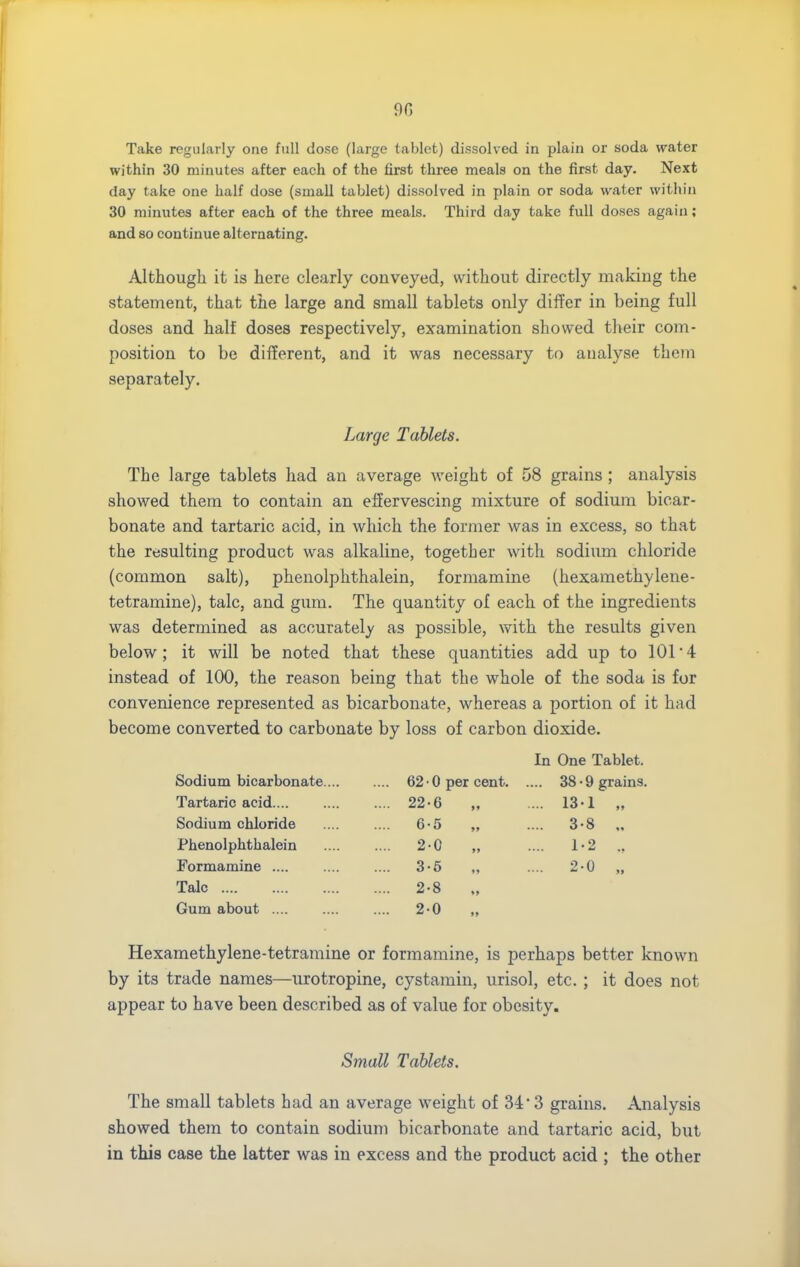 Take regularly one full dose (large tablet) dissolved in plain or soda water within 30 minutes after each of the first three meals on the first day. Next day take one half dose (small tablet) dissolved in plain or soda water within 30 minutes after each of the three meals. Third day take full doses again; and so continue alternating. Although it is here clearly conveyed, without directly making the statement, that the large and small tablets only differ in being full doses and half doses respectively, examination showed their com- position to be different, and it was necessary to analyse them separately. Large Tablets. The large tablets had an average weight of 58 grains ; analysis showed them to contain an effervescing mixture of sodimn bicar- bonate and tartaric acid, in which the former was in excess, so that the resulting product was alkaline, together with sodium chloride (common salt), pheuolphthalein, formamine (hexamethylene- tetramine), talc, and gum. The quantity of each of the ingredients was determined as accurately as possible, with the results given below; it will be noted that these quantities add up to 10.1 4 instead of 100, the reason being that the whole of the soda is for convenience represented as bicarbonate, whereas a portion of it had become converted to carbonate by loss of carbon dioxide. In One Tablet. Sodium bicarbonate.... .... 62-0 per cent. .... 38-9 grains Tartaric acid .... 22-6 „ .... 13-1 „ Sodium chloride .... 6-5 „ .... 3-8 „ Pheuolphthalein .... 2-0 .... 1-2 Formamine .... .... 3-5 „ .... 2-0 „ Talc .... 2-8 Gum about .... .... 2-0 Hexamethylene-tetramine or formamine, is perhaps better known by its trade names—iirotropine, cystamin, urisol, etc.; it does not appear to have been described as of value for obesity. Small Tablets. The small tablets had an average weight of 343 grains. Analysis showed them to contain sodium bicarbonate and tartaric acid, but in this case the latter was in excess and the product acid ; the other