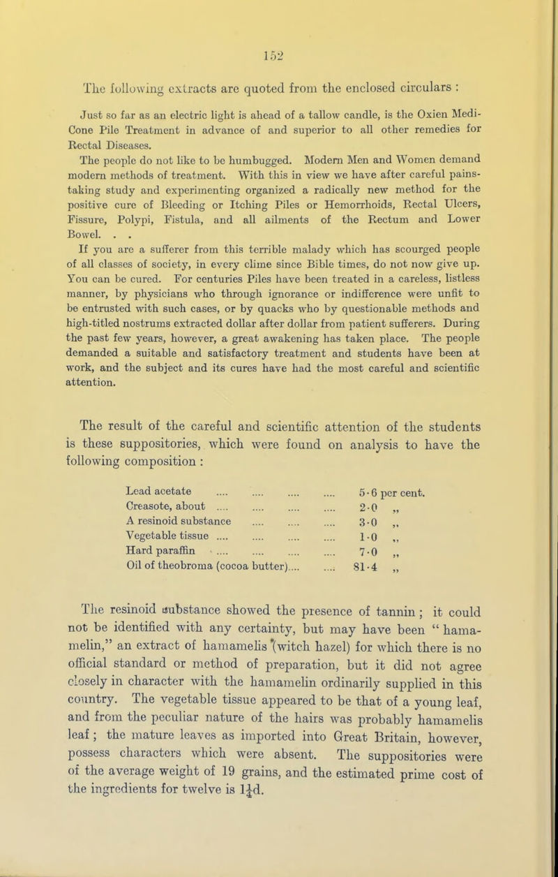 The lollowing extracts are quoted from the enclosed circulars : Just so far as an electric light is ahead of a tallow candle, is the Oxien Medi- Cone Pile Treatment in advance of and supenor to all other remedies for Rectal Diseases. The people do not hke to be humbugged. Modem Men and Women demand modem methods of treatment. With this in view we have after careful pains- taking study and experimenting organized a radically new method for the positive cure of Bleeding or Itching Piles or Hemorrhoids, Rectal Ulcers, Fissure, Polypi, Fistula, and all ailments of the Rectum and Lower Bowel. . . If you arc a sulTerer from this terrible malady which has scourged people of all classes of society, in every clime since Bible times, do not now give up. You can be cured. For centuries Piles have been treated in a careless, listless manner, by physicians who through ignorance or indifference were unfit to be entmsted with such cases, or by quacks who by questionable methods and high-titled nostrums extracted dollar after dollar from patient sufferers. During the past few years, however, a great awakening has taken place. The people demanded a suitable and satisfactory treatment and students have been at work, and the subject and its cures have had the most careful and scientific attention. The result of the careful and scientific attention of the students is these suppositories, which were found on analysis to have the following composition : Lead acetate 5-6 per cent. Creasote, about .... 20 „ A resinoid substance 3-0 ,. Vegetable tissue .... 10 „ Hard paraffin 7-0 „ Oil of theobroma (cocoa butter).... .... 81-4 „ The resinoid uubstance showed the presence of tannin ; it could not be identified with any certainty, but may have been  hama- melin, an extract of hamamelis (witch hazel) for which there is no official standard or method of preparation, but it did not agree closely in character with the hamamelin ordinarily supplied in this country. The vegetable tissue appeared to be that of a young leaf, and from the peculiar nature of the hairs was probably hamamelis leaf; the mature leaves as imported into Great Britain, however, possess characters which were absent. The suppositories were of the average weight of 19 grains, and the estimated prime cost of the ingredients for twelve is l^d.