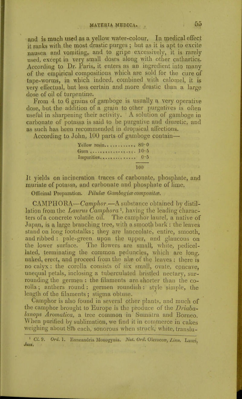 and is much used as a yellow Avater-colour. In medical eflfect it ranks with the most drastic purges ; but as it is apt to excite nausea and vomiting, and to gripe excessively, it is rarely used, except in very small doses along with other cathartics. According to Dr. Paris, it enters as an ingredient into many of the empirical compositions which are sold for the cure of tape-worms, in which indeed, combined with calomel, it is very effectual, but less certain and more drastic than a large dose of oil of turpentine. From 4 to 6 grains of gamboge is usually a very operative dose, but the addition of a grain to other purgatives is often useful in sharpening their activity. A solution of gamboge in carbonate of potassa is said to be purgative and diuretic, and as such has been recommended in dro[)sical affections. According to John, 100 parts of gamboge contain— Yellow resin , 89-0 Gum ..10-5 Impurities 0*5 100 It yields on incineration traces of carbonate, phosphate, and muriate of potassa, and carbonate and phosphate of lime. Officinal Preparation. Pilules Gambogice compositce, CAMPHORA—Camphor.—A substance obtained by distil- lation from the Laurus Camphora'^, having the leading charac- ters of a concrete volatile oil. The camphor laurel, a native of Japan, is a large branching tree, with a smooth bark : the leaves stand on long footstalks; they are lanceolate, entire, smooth, and ribbed : pale-green upon the upper, and glaucous on the lower surface. The flowers are small, white, pedicel- lated, terminating the common peduncles, which are long, naked, erect, and proceed from the alfe of the leaves : there is no calyx : the corolla consists of six small, ovate, concave, unequal petals, inclosing a tuberculated bristled nectary, sur- rounding the gerraen : the filaments are shorter than the co- rolla ; anthers round: germen roundish: style simple, the length of the filaments ; stigma obtuse. Camphor is also found in several other plants, and much of the camphor brought to Europe is the produce of the Driaba- lanops Aromatka, a tree common in Sumatra and Borneo. When purified by sublimation, we find it in commerce in cakes weighing about 8l1o each, sonorous when struck, white, translu- ' CV, 9. Ord, 1. Enntaiidria Monogynia. Nat. Orel, Oleracoir, Linn. Lauri, JusM.