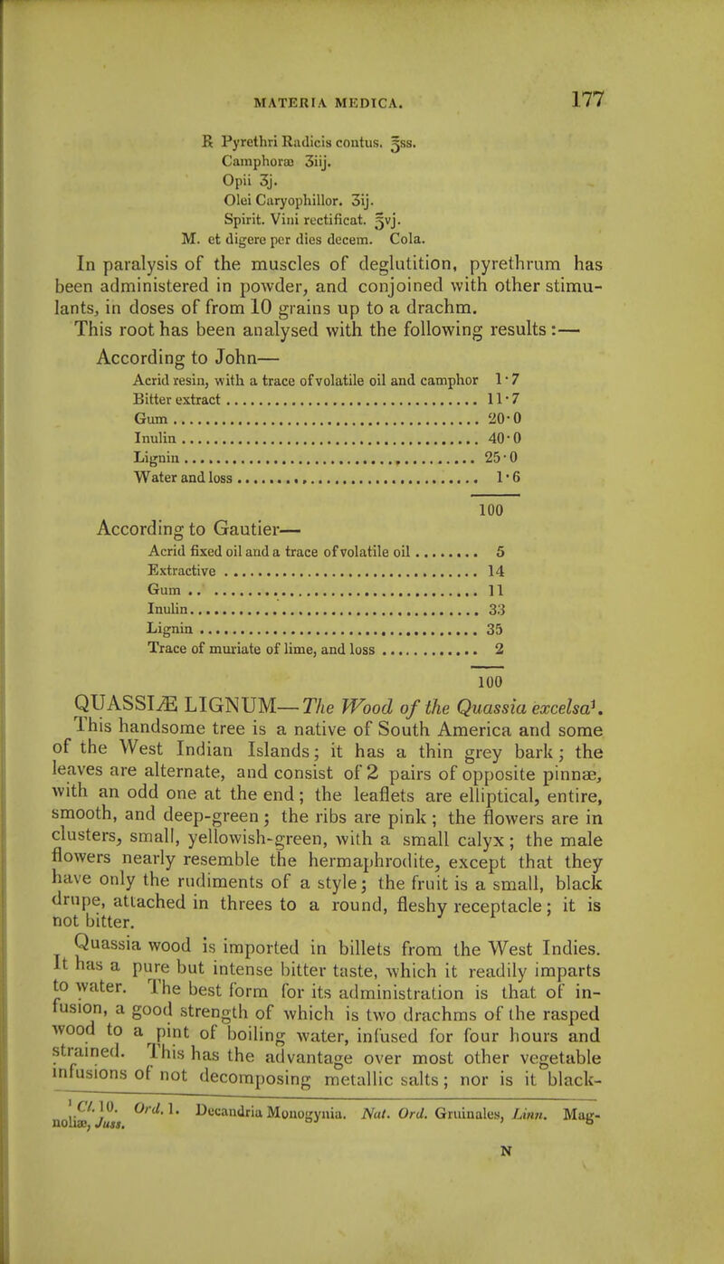 R Pyrethri Radicis contus. gss. Camphorao 3iij. Opii 3j. Olei Caryopliillor. 3ij. Spirit. Villi rectificat. ^vj. M. et digere per dies decern. Cola. In paralysis of the muscles of deglutition, pyrethrum has been administered in powder, and conjoined with other stimu- lants, in doses of from 10 grains up to a drachm. This root has been analysed with the following results :— According to John— Acrid resin, with a trace of volatile oil and camphor 1 • 7 Bitter extract 11*7 Gum 20-0 Inulin 40-0 Lignin 25 • 0 Water and loss , 1 • 6 100 According to Gautier— Acrid fixed oil and a trace of volatile oil 5 Extractive 14 Gum 11 Inulin 33 Lignin 35 Trace of mmiate of lime, and loss 2 100 QUASSIA LIGNUM—TAe TVood of the Quassia excelsaK This handsome tree is a native of South America and some of the West Indian Islands; it has a thin grey bark ; the leaves are alternate, and consist of 2 pairs of opposite pinnae, with an odd one at the end; the leaflets are elliptical, entire, smooth, and deep-green; the ribs are pink ; the flowers are in clusters, small, yellowish-green, with a small calyx; the male flowers nearly resemble the hermaphrodite, except that they have only the rudiments of a style 3 the fruit is a small, black drupe, attached in threes to a round, fleshy receptacle; it is not bitter. Quassia wood is imported in billets from the West Indies. It has a pure but intense bitter taste, which it readily imparts to water. The best form for its administration is that of in- fusion, a good strength of which is two drachms of the rasped wood to a pint of boiling water, infused for four hours and strained. This has the advantage over most other vegetable infusions of not decomposing metallic salts; nor is it black- mlhc Juss ^'^^'Iria Monogynia. A'a/. Ore/. Gruinales, Mag- N