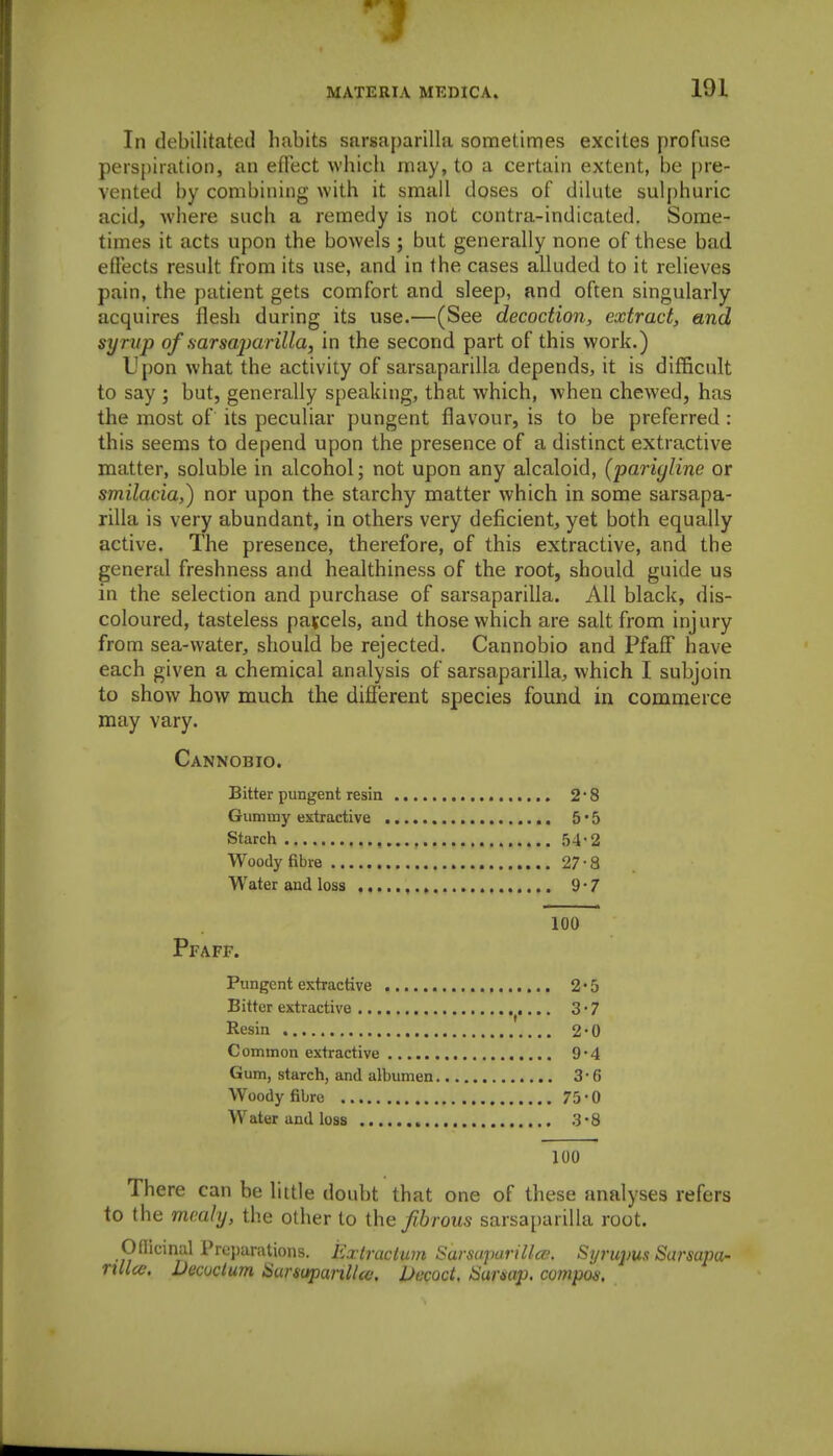 In debilitated habits snrsaparilhi sometimes excites profuse perspiration, an eflect which may, to a certain extent, be pre- vented by combining with it small doses of dilate sulphuric acid, where such a remedy is not contra-indicated. Some- times it acts upon the bowels ; but generally none of these bad eftects result from its use, and in the cases alluded to it relieves pain, the patient gets comfort and sleep, and often singularly acquires flesh during its use.—(See decoction, extract, and synip of fiarsajxirilla, in the second part of this work.) Upon what the activity of sarsaparilla depends, it is difficult to say ; but, generally speaking, that which, when chewed, has the most of its peculiar pungent flavour, is to be preferred : this seems to depend upon the presence of a distinct extractive matter, soluble in alcohol; not upon any alcaloid, (parigline or smilacia,) nor upon the starchy matter which in some sarsapa- rilla is very abundant, in others very deficient, yet both equally active. The presence, therefore, of this extractive, and the general freshness and healthiness of the root, should guide us in the selection and purchase of sarsaparilla. All black, dis- coloured, tasteless parcels, and those which are salt from injury from sea-water, should be rejected. Cannobio and Pfaff have each given a chemical analysis of sarsaparilla, which I subjoin to show how much the difflsrent species found in commerce may vary. Cannobio. Bitter pungent resin 2*8 Gummy extractive 5 • 5 Starch , 54-2 Woody fibre 27-8 Water and loss 9-7 100 Pfaff. Pungent extractive 2*5 Bitter extractive 3-7 Resin 2-0 Common extractive 9*4 Gum, starch, and albumen 3*6 Woody fibre 75*0 Water and loss 3-8 100 There can be little doubt that one of these analyses refers to the mealy, the other to the fibrous sarsa[)arilla root. Oflicinal Proi)un\tions. Extractum Sarsaparillce. Sijrujms Sarsapa- rillce, Decuclum SursupanlUc. Decoct. Surmp. compos.