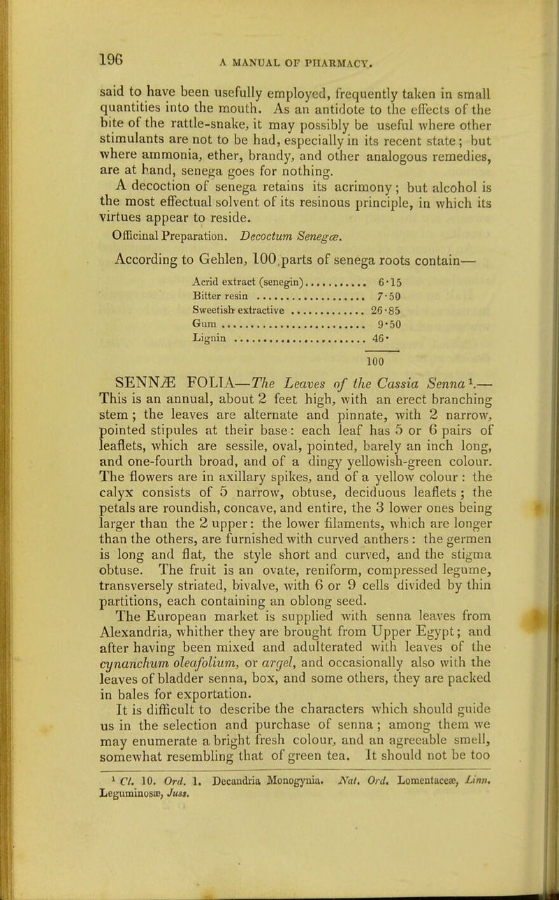 said to have been usefully employed, frequently taken in small quantities into the mouth. As an antidote to the effects of the bite of the rattle-snake, it may possibly be useful where other stimulants are not to be had, especially in its recent state; but where ammonia, ether, brandy, and other analogous remedies, are at hand, senega goes for nothing. A decoction of senega retains its acrimony; but alcohol is the most effectual solvent of its resinous principle, in which its virtues appear to reside. Officinal Preparation. Decoctum Senegce. According to Gehlen, 100,parts of senega roots contain— Acrid extract (senegin) 6'15 Bitter resin 7*50 Sweetish extractive 26*85 Gum 9-50 Lignia , 46 • 100 SENNiE FOLIA—TAe Leaves of the Cassia Senna \— This is an annual, about 2 feet high, with an erect branching stem ; the leaves are alternate and pinnate, with 2 narrow, pointed stipules at their base: each leaf has 5 or 6 pairs of leaflets, which are sessile, oval, pointed, barely an inch long, and one-fourth broad, and of a dingy yellowish-green colour. The flowers are in axillary spikes, and of a yellow colour : the calyx consists of 5 narrow, obtuse, deciduous leaflets; the petals are roundish, concave, and entire, the 3 lower ones being larger than the 2 upper: the lower filaments, which are longer than the others, are furnished with curved anthers : the germen is long and flat, the style short and curved, and the stigma obtuse. The fruit is an ovate, reniform, compressed legume, transversely striated, bivalve, with 6 or 9 cells divided by thin partitions, each containing an oblong seed. The European market is suppHed with senna leaves from Alexandria, whither they are brought from Upper Egypt; and after having been mixed and adulterated with leaves of the cynanchum oleafolium, or argel, and occasionally also with the leaves of bladder senna, box, and some others, they are packed in bales for exportation. It is difficult to describe the characters which should guide us in the selection and purchase of senna ; among them we may enumerate a bright fresh colour, and an agreeable smell, somewhat resembling that of green tea. It should not be too ^ CL 10. Orel. 1. Decandria Monogynia. iVii/. Ord. Lomentaceffi, Linn, Leguminusa3; Juss,