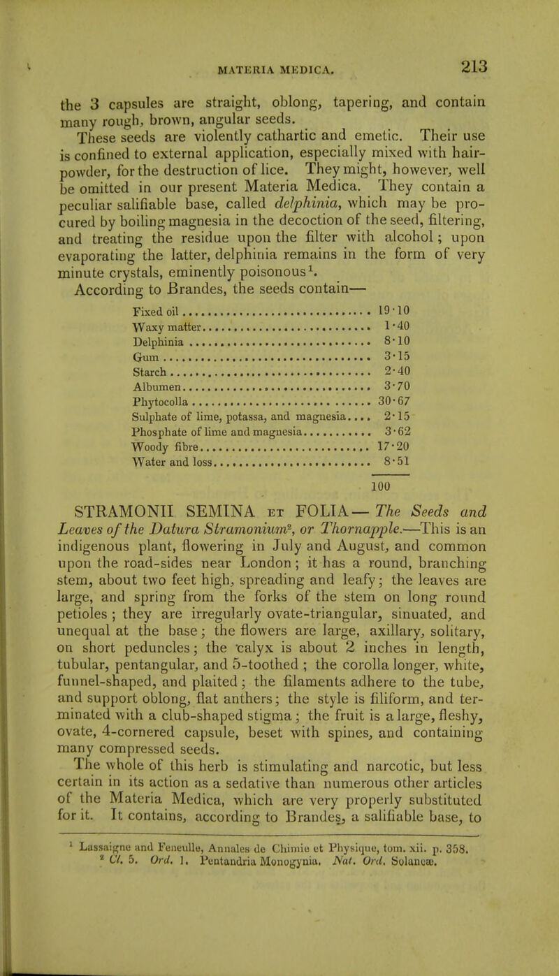 the 3 capsules are straight, oblong, tapering, and contain many rough, brown, angular seeds. These seeds are violently cathartic and emetic. Their use is confined to external application, especially mixed with hair- powder, for the destruction of lice. They might, however, well be omitted in our present Materia Medica, They contain a peculiar salifiable base, called delphinia, which may be pro- cured by boiling magnesia in the decoction of the seed, filtering, and treating the residue upon the filter with alcohol; upon evaporating the latter, delphinia remains in the form of very minute crystals, eminently poisonous ^ According to Brandes, the seeds contain— Fixed oil 19'10 Waxy matter 1-40 Delphinia 8*10 Gum 3-15 Starch 2-40 Albumen 3*70 Phytocolla 30-67 Sulphate of lime, potassa, and magnesia.... 2* 15 Phosphate of lime and magnesia 3 • 62 Woody fibre 17*20 Water and loss 8-51 100 STRAMONII SEMINA et FOLIA—TAe Seeds and Leaves of the Datura Stramonium^, or Thornapple.—This is an indigenous plant, flowering in July and August, and common upon the road-sides near London ; it has a round, branching stem, about two feet high, spreading and leafy; the leaves are large, and spring from the forks of the stem on long round petioles ; they are irregularly ovate-triangular, sinuated, and unequal at the base; the flowers are large, axillary, solitary, on short peduncles; the 'calyx is about 2 inches in length, tubular, pentangular, and 5-toothed ; the corolla longer, white, funnel-shaped, and plaited; the filaments adhere to the tube, and support oblong, flat anthers; the style is filiform, and ter- minated with a club-shaped stigma; the fruit is a large, fleshy, ovate, 4-cornered capsule, beset with spines, and containing many compressed seeds. The whole of this herb is stimulating and narcotic, but less certain in its action as a sedative than numerous other articles of the Materia Medica, which are very properly substituted for it. It contains, according to Brandes, a salifiable base, to ' Lassaigne and Feiieulle, Annales de Chimie et Pliysi(]ue, torn. xii. p. 358. * CV. 5. Orel. 1. Pentandria Monogynia. Nal. Ord. SolancBB.