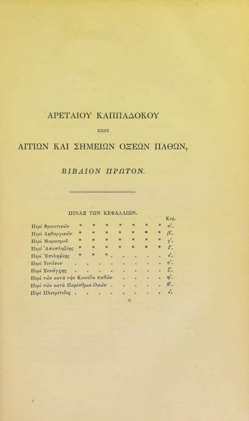 APETAIOY KAnnAAOKOY HEPI AITION KAI SHMEION OSEnN nAGON, BIBAION nPflTON. niNA3 TON KE*AAAmN. TIspi <t>peviTiicuiv ******* a'. Uepi ArjOapyiKwv ******* /3'. Utpi Mapa(Tfiov ******* y\ mpl'ATTOTrXriKirjQ ******* d'. TjEpl 'BiriXrjipirjg * * * E . Tlepl TetAvov . . . . . . • . t . Tlepl 'Evvdyx^Q Tlepl TuJv Kara Tr)v KioviSa TraOuiv . . . • »/ • Utpi Tuiv Kara TlapiaOfiia iXKulv . . . . . JJepl nXevpiTidog