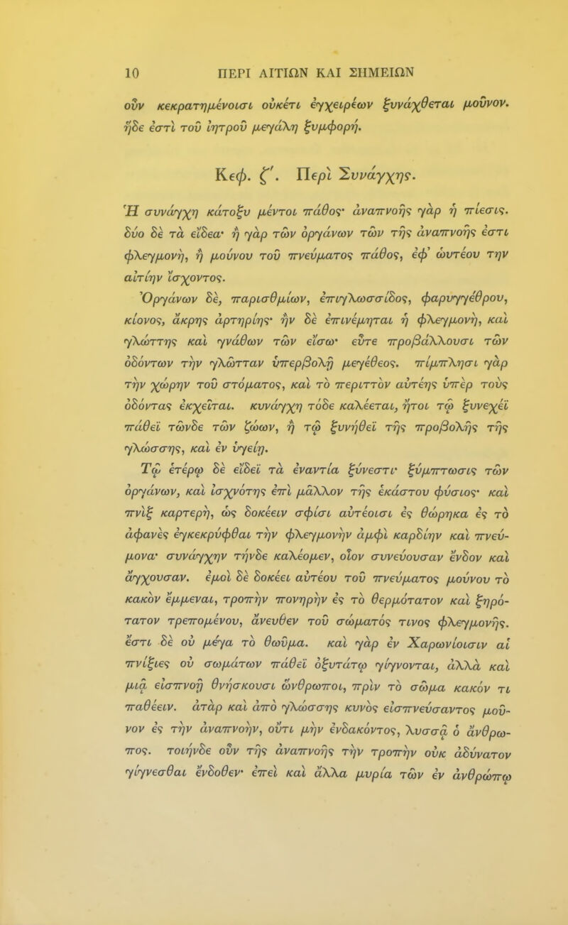 ovv KeKparrjfievoLaL ovicerL iyxeipeoDv ^vvd')(6eraL fiovvov. ^Se iarl rov Irjrpov fieydXr] ^vfjucjiopij. 'H avvdr/^T] kolto^v jxevroL Trddor dvairvot]^ yap r} TrtWt?. ^vo he TCL eihea' 7) <ydp twv opjdvcov rwv t^9 dvairvorj^; ian ^XeyixovT], r) fiouvov rov nrvevp^arof; irdOo'i, oovreov rrjV alrirjv ta')(OVTO^. ^Opydvcov Be, irapiaOfxifov, e7nr/\coa-(r[Bo<;, (fiapvyyeOpov, KLOVo<;, aKprji; dpTr]pLr]<;' rjv Be e7nvep,7]TaL 97 <f)\£y/Jbovr], koX yXcoTTT}^ KoX yvdOcov rwv ecaco' evre Trpo/SdWova-c r(av oBovTojv rr)v yXcorrav VTrep/SoXfj p,eye6eo<;. irLjX'JvX'qaL yap rr}v X'^PV^ ^^^ arofJLaro'i, kul to Treptrrov avrirj^; virep Tov<i 6h6vTa<i eKxeiraL. Kuvdryxv '^oBe KaXeeraL, rjTOL tm ^vvexii irddei TOivBe tcov ^(ocov^ rj tw ^vvijOei t»}9 Trpo^oXrj'i rrj<} yXdxTcrrjf;, Kal iv vyely. 1 ft/ erepo) oe eioei ra evavria ^vveari' ^v/x7rrojat<; tcov opydvcav, Kal la')(yoTr}<; eiri fxaXXov Tri<; eKdaTOV (^vaio<i' Kal irvl^ Kaprepr), 009 BoKeeiv a(j>iai avTeoLai 69 6d)prjKa i<{ to d(f)ave<; iyKeKpv(f)6aL rr/v (pXey/xovrjv dfKpl KapBirjv Kal irvev- fiova' avvdyxv^ T'^vBe KaXeo/xev, olov avvevovaav evBov Kal dyxp^f^av. ifiol Be BoKeei avTeov tov 7rvev/jLaT0<; fjuovyov to KaKov e/iifievat, Tpoirrjv irovrjprjv €9 to OeppbOTaTov Kal ^-r]p6- TttTOV TpeTTOfievov, dveuOev tov acofJuaTo^; Ttvo<i <f)Xeyfiovrj^. eoTL Be ov fieya to dwvfia. Kal yap iv XapcovloiaLv at TrvL^tef ov <TO)/jbdTcov Trdde'C o^vTdTw ylyvovTai, dXXa Kal fiLa elaiTvofi OvqaKovau covOpcoTroi, irplv to awjjba KaKov tl iraOeeiv. aTap Kal diro yXooaari^ Kvvb<; elairvevaavTo^ fxav- vov 69 Tr]v dva7rvor)V, ovti firjv €vBaK6vT0<i, Xvaaa 6 dvOpco- TTO'i. TotrjvBe ovv T7]<i dvairvoYj^i Trjv TpoTrrjv ovk dBvvaTov yiyvea-OaL evBoOev iirel Kal dXXa p,vpla twv iv dvOpcDirw