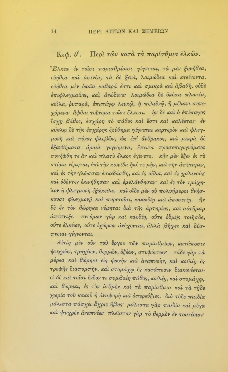 Ke(p. ^. ne/)t Twv Kara ra TrapladfJiLa eXKWv, E\Kea iv Tolau TrapiaOfjbioLaL 'yuyvcTaL, ra fiev ^vvrjdea^ evrjdea koX aatvea, ra Be ^eva, 7<x>LfMwBea koX KreLvovra. evi^dea fiev OKoia Kadapd iart koX (ryi^LKpa koX ajBaOi), ovSe CTrKjiXey/jLalvet, kol dvcoSvva' XoLficoSea Be oKoaa 'ifkarea, KolXa, pvTrapd, eTrtTrar/o) XevKw, rj 7reXt8)/(p, rj jjuekavL awe- yoyueva' d(f>6aL rovvofMa TotaL eXKeat. rjv Be koX 6 k7rL7Tar/o<i i<7XV /3d6o<;, €(T')(apr} to 7rdOo<; kol eari kol KaXkerai' iv kvkXw Be TTj's ea)(dp7)^ epvO-q^jba 'yir^veraL Kaprepov kol (f>Xe<y- fjLovr) KOL TToyo'i (pXeficov, o)? eV dv6paK0<;, koX fXLKpd Be e^avOrjiMLTa dpaid f^irfv6p,eva^ eireura irpoaeiruyLyvofxeva <rvvi]<pdr) re dv Koi ifXaTV e\KO^ iyevero. Krjv fMev e^co to arofjua vefnqrai, eirl rrjv KioviBa rjKe t6 ^^^v, kol ttjv dTrera/juev, Koi €9 rr]V yXwacrav iaKeBdadrj, kol e? ovXa, Koi e? p^aXtvou?* KOL oBovre'i eKLvrjO'qaav kol ifieXdvOrjaav koX rov rpd')(rj- Xov 7} (^Xey[jbovT] i^coK6LXe. kul ocBe jxev ov iroXvrjuepoL dv^cr- K0V(TL (jiXej/xovfj Kol TTvpeTotai, KaKcoBly kol diroaLTLri. rjv Bk €9 Tov 6d)pT]Ka vifjLrjrai Bid Trj<; dpTrjpir}';^ kol avrrjjxap direirvL^e. irvevfjicov <ydp kol KapBirj, ovre oBpS)^ TOirjaBej ovre eXKecov, ovre l-xoapcov dveyovraL, dXXd ^rjx^^ ^^oX Bvar- irvoLai ylyvovrai. Altvy] fiev ovv rod epyov rcov Trapiad/xicov, Kard7roai<; -y^vxpwv, rpr)X€(ov, Oep/jiwv, o^icov, arv(f)6vrQ)v' rdBe yap rd fiepea koX OayprjKt el<s cficovrjv kol dvaTrvorjv, koX kolXIt) e? T/)O07}9 BtaTTOfiTrrjv, koX aro/xdxM €<i KardiroaLV BuaKoveeraL- el Be Koi rolai evBov ri avix^alr] 7rddo<;, kolXlj], koi arofidyq), Koi dwprjKL, 69 rov ladfiov koX rd irapiaOpbLa koX rd rfjBe Xcopla rov kukov t) dva<^opr] kol direpev^ce^. Bid roBe iraLBia fidXiara irdaxei dxpi<i rj^W P'dXiara ydp iraiBia kol fjiiya KOL ylrvxpov dvairveeL' irXetarov ydp ro 6epfMov iv rovreoLaC